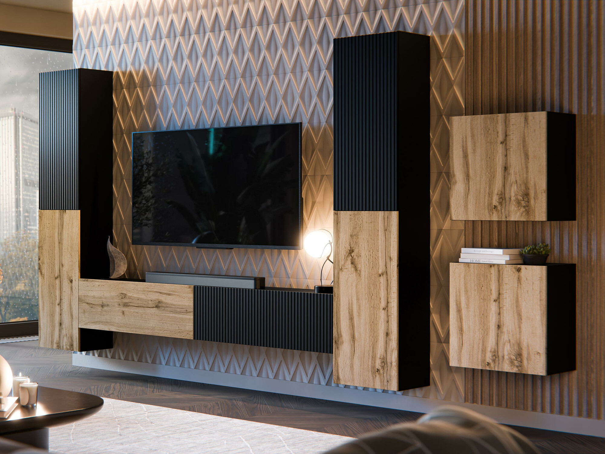 Set za dnevnu sobu Calveru 109 (Crno + Вотан храст)