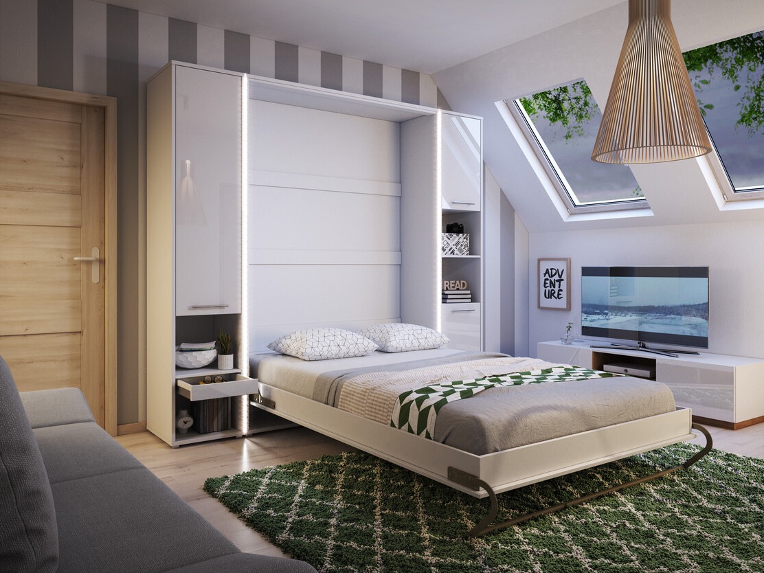 Zidni krevet Concept Pro Lenart Levfere 108 (Belo + Sjajno belo)