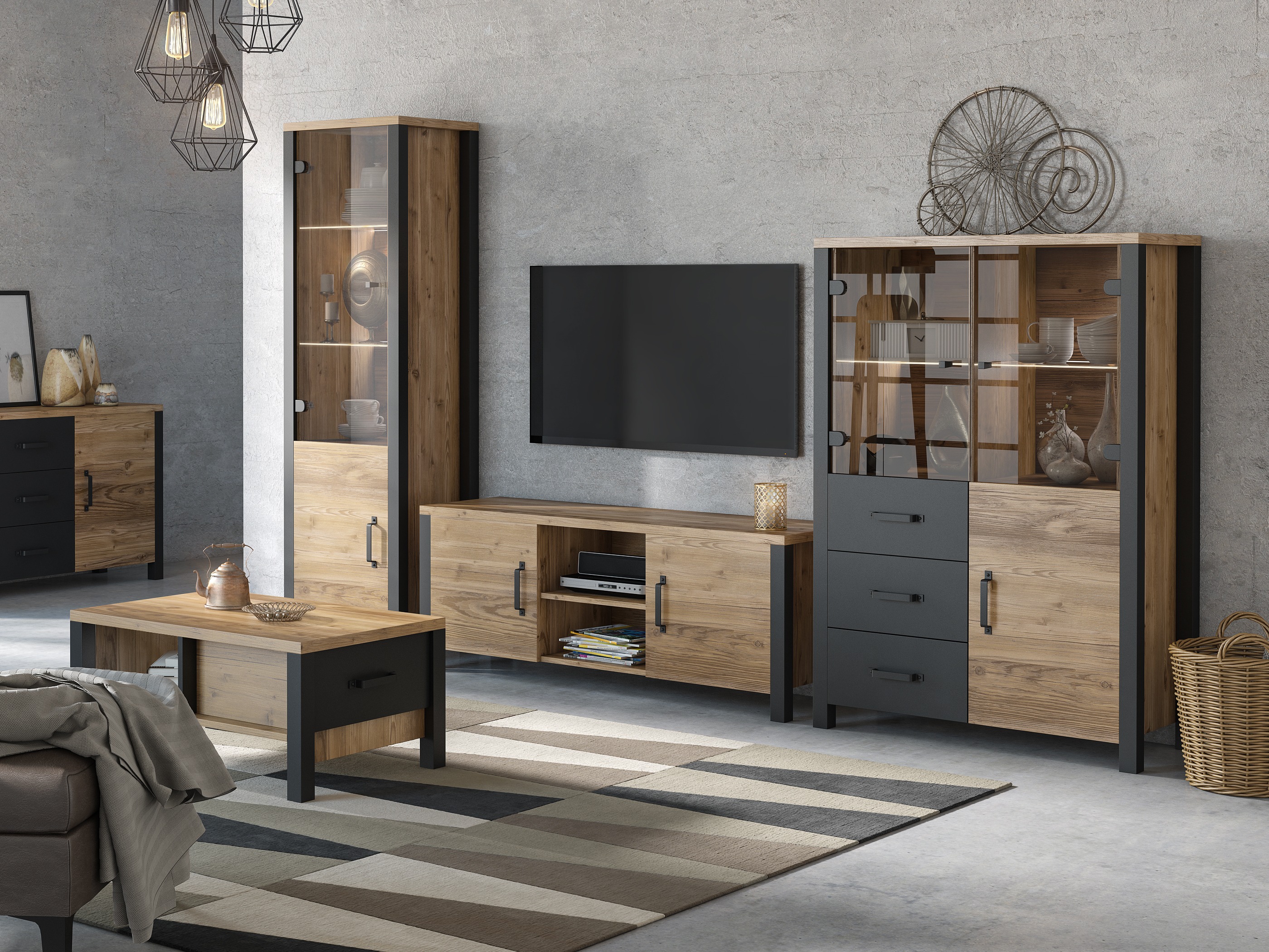 Set za dnevnu sobu Tornua 113 (Tamna smrča + Mat crna)