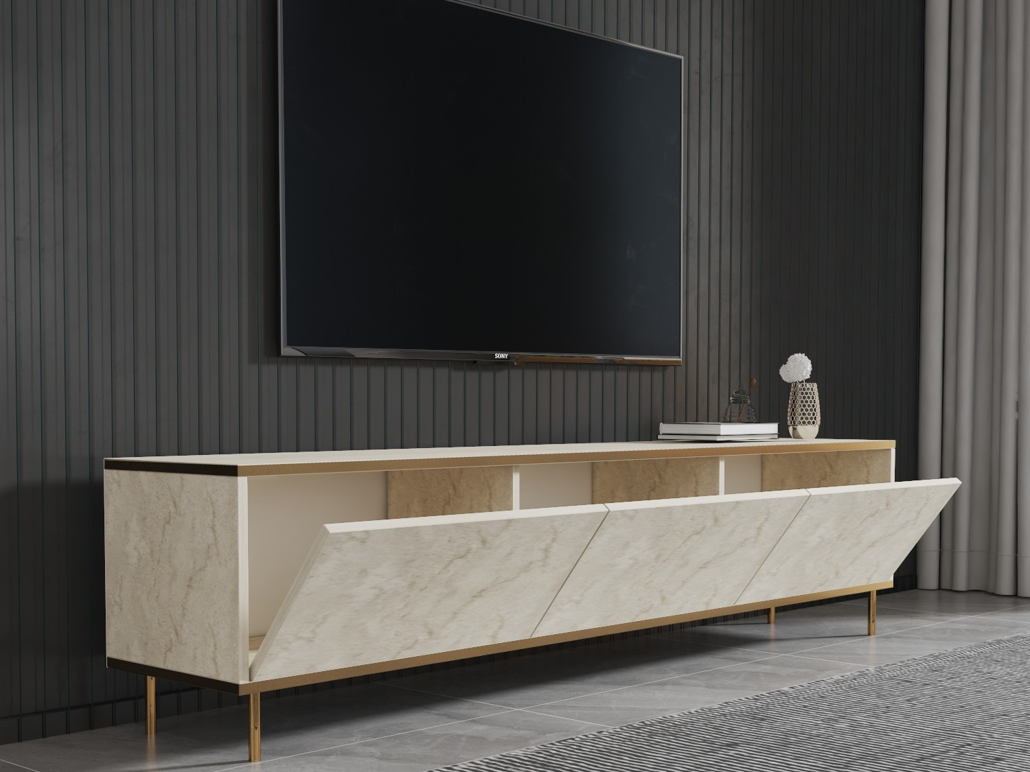 TV komoda Kailua 2573 (Svetlo Travertine + Zlatna)