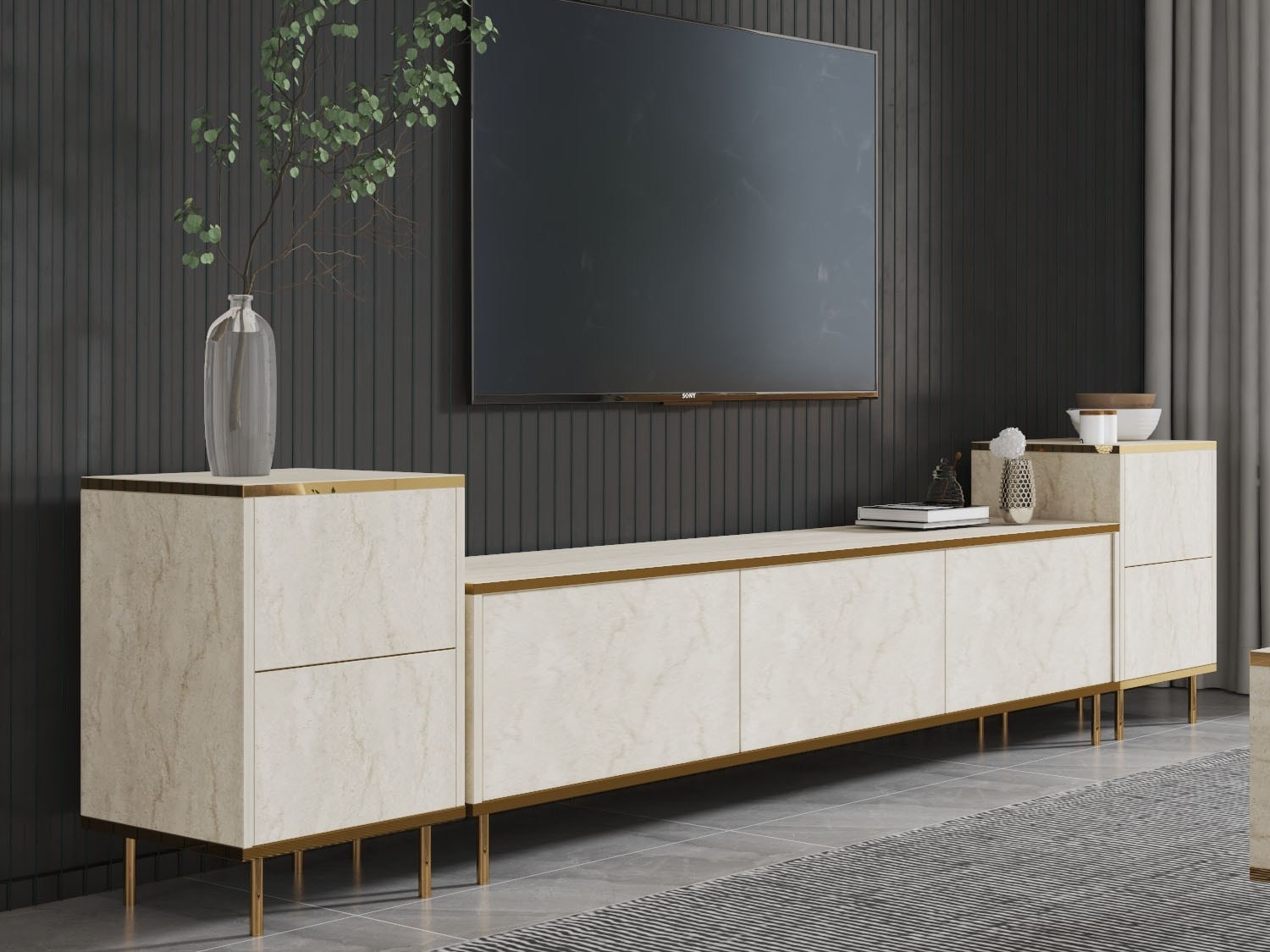 TV komoda Kailua 2574 (Svetlo Travertine + Zlatna)