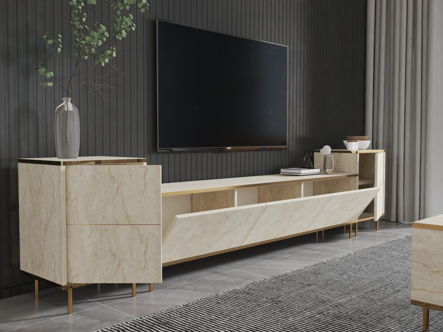 TV komoda Kailua 2574 (Svetlo Travertine + Zlatna)