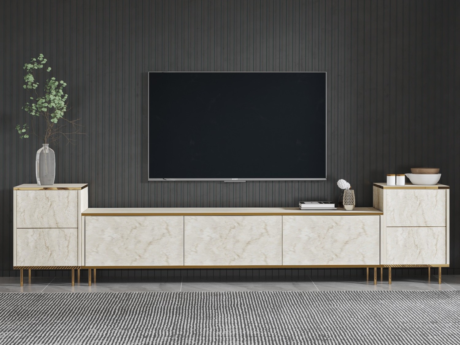 TV komoda Kailua 2574 (Svetlo Travertine + Zlatna)
