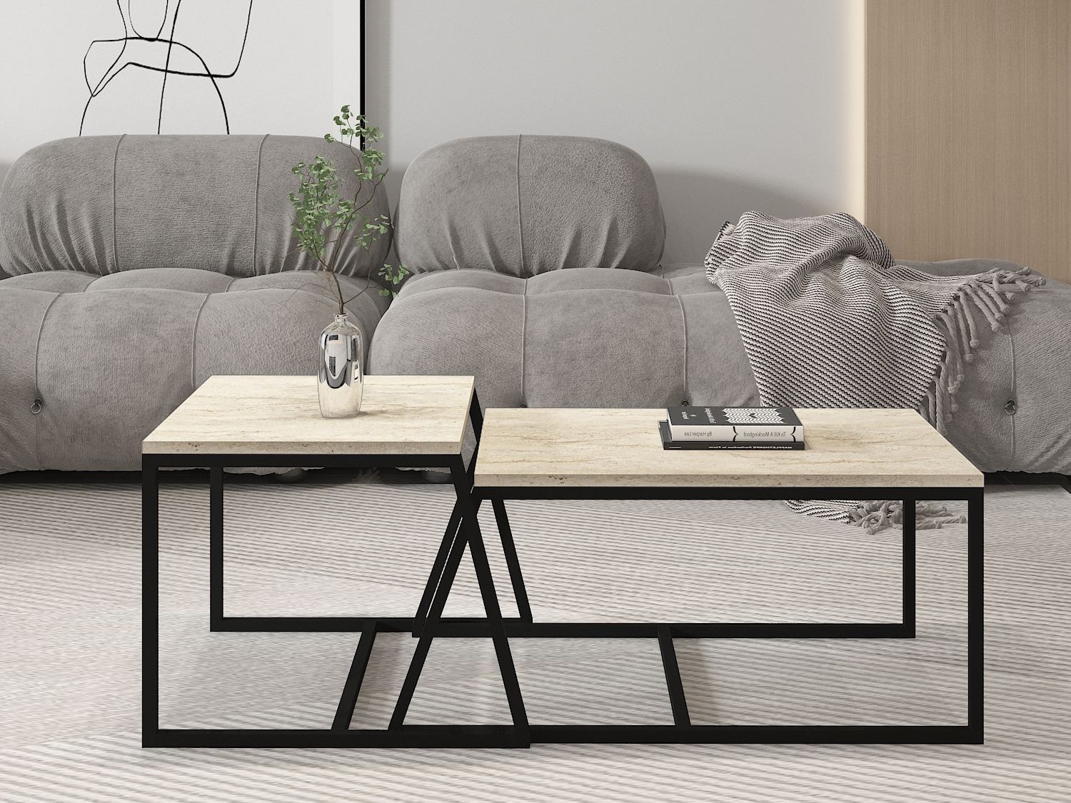 Set stočića za kafu Kailua 1804 (Svetlo Travertine + Crno)