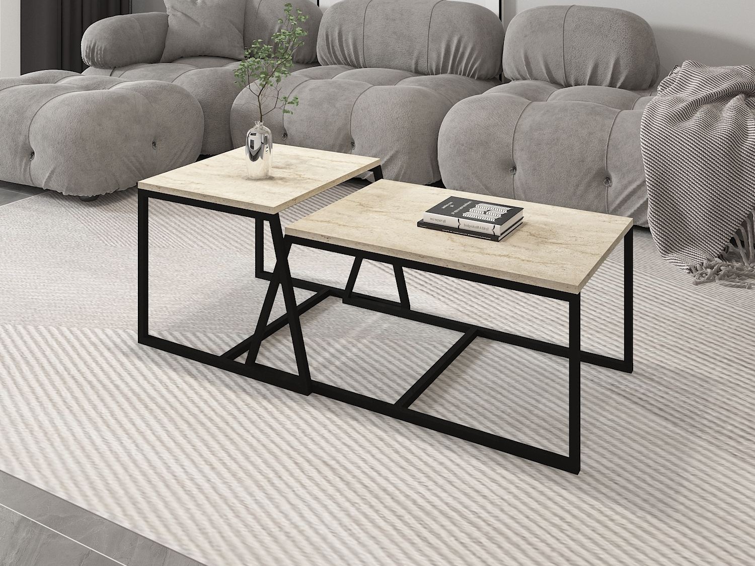 Set stočića za kafu Kailua 1804 (Svetlo Travertine + Crno)