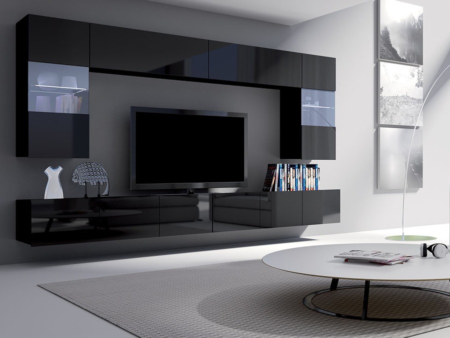 Zidni ormarić Tivdalu 101 (Crno + Crna visoki sjaj)