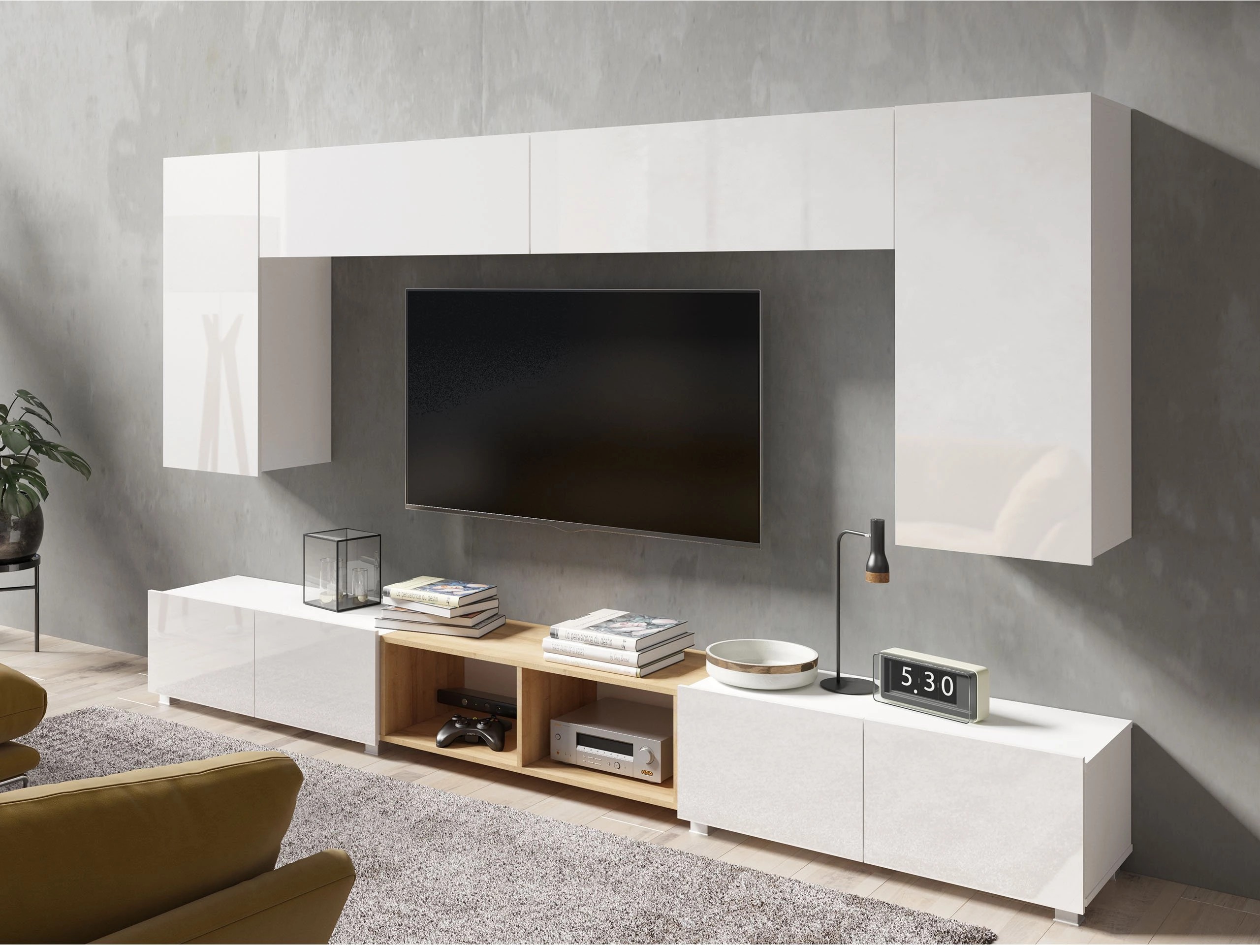 Set za dnevnu sobu Tivdalu 143 (Belo + Sjajno belo + Zlatni hrast)