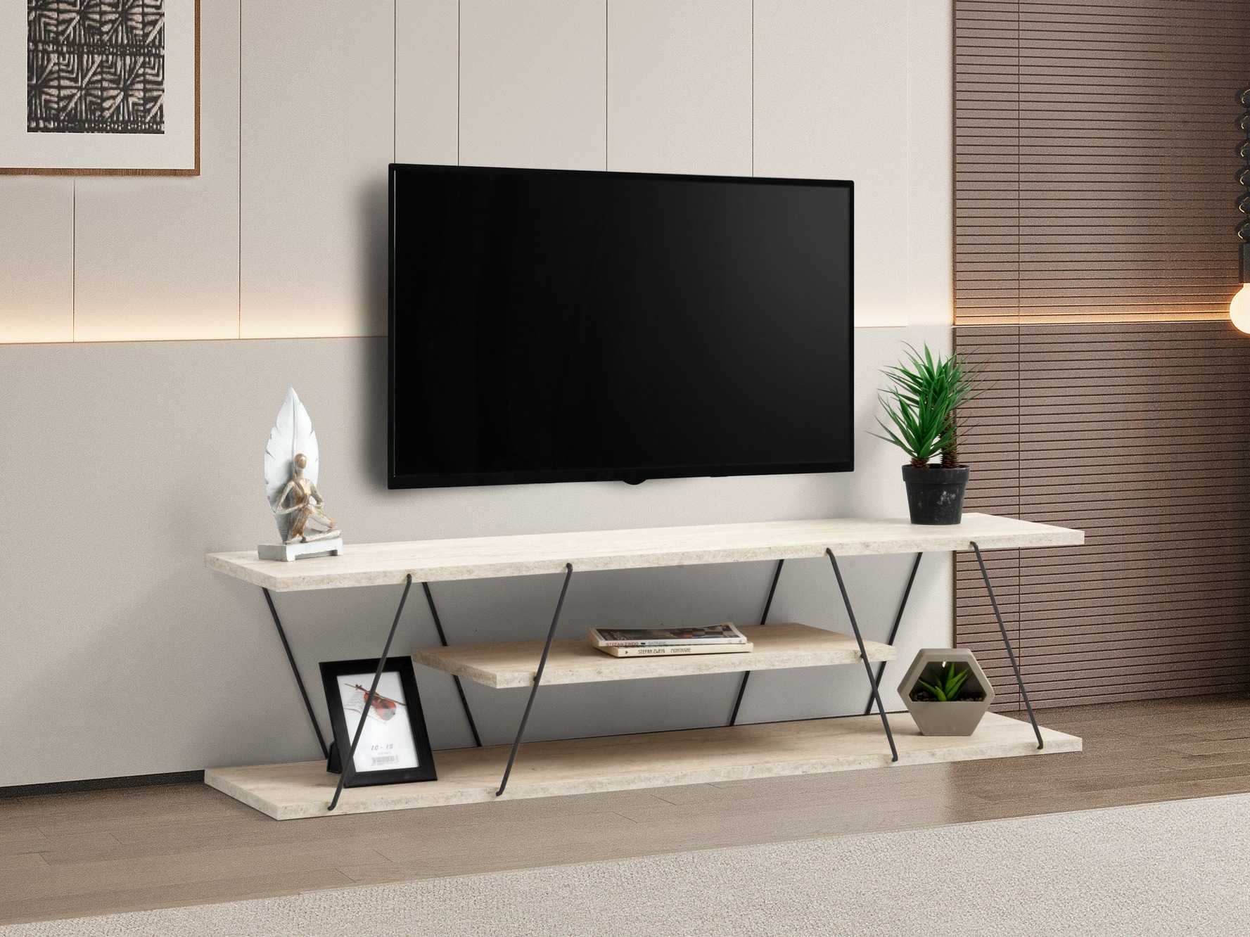TV komoda Kailua 365 (Svetli travertin + Crno)