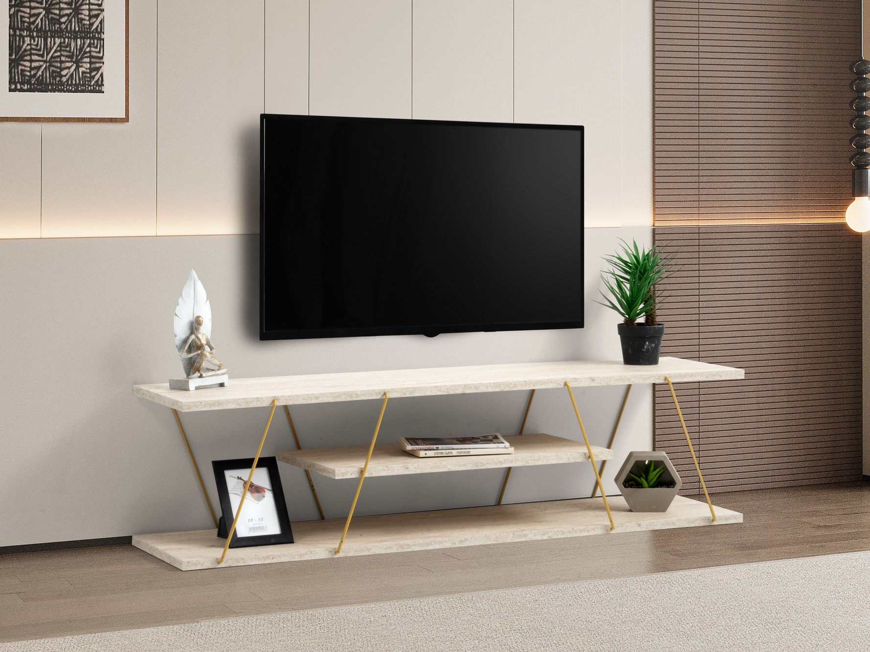 TV komoda Kailua 365 (Svetli travertin + Zlatna)