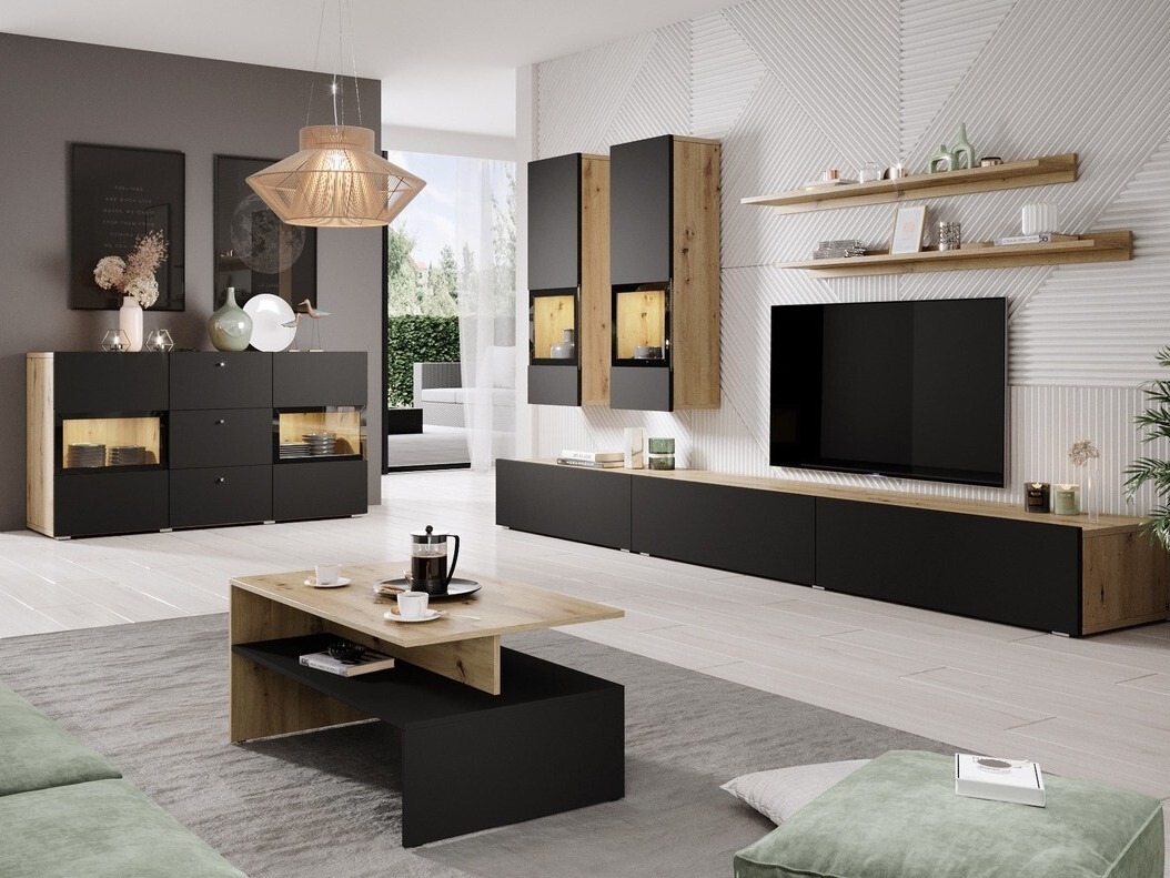 Set za dnevnu sobu Serodeu 100 (Zanatski hrast + Mat crna)