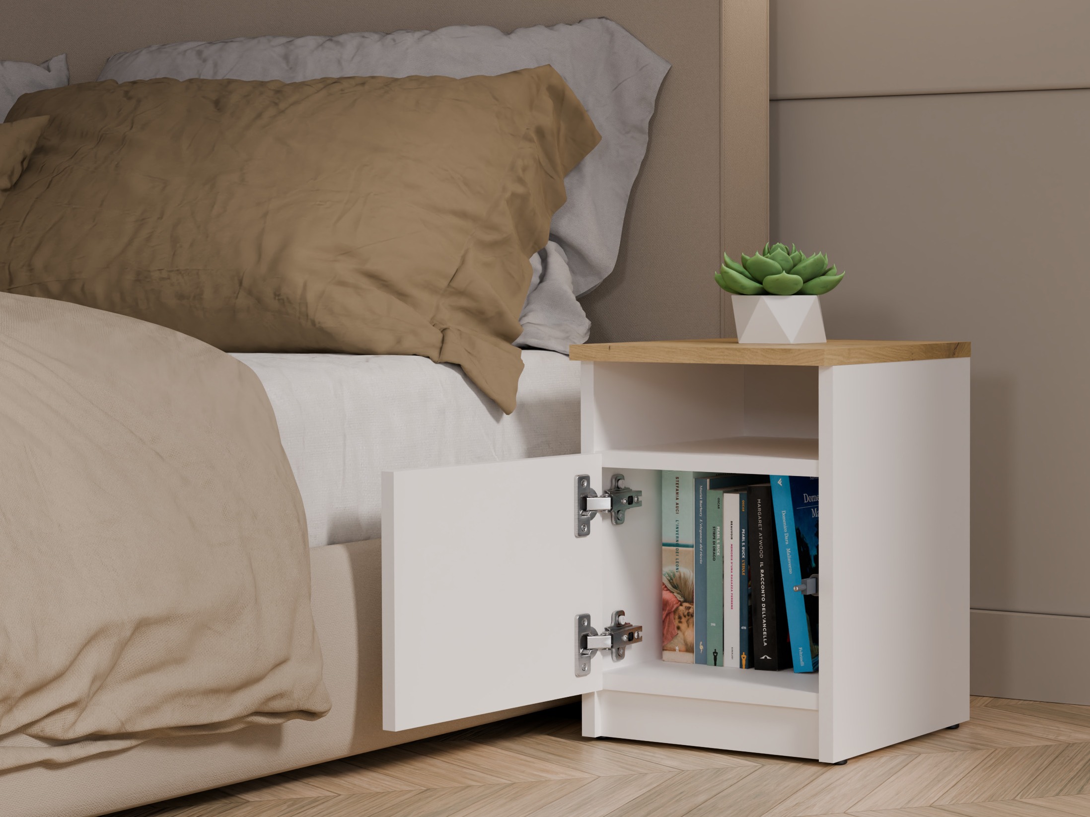 Noćni ormarić Mandeville 305 (Belo + Zanatski hrast)