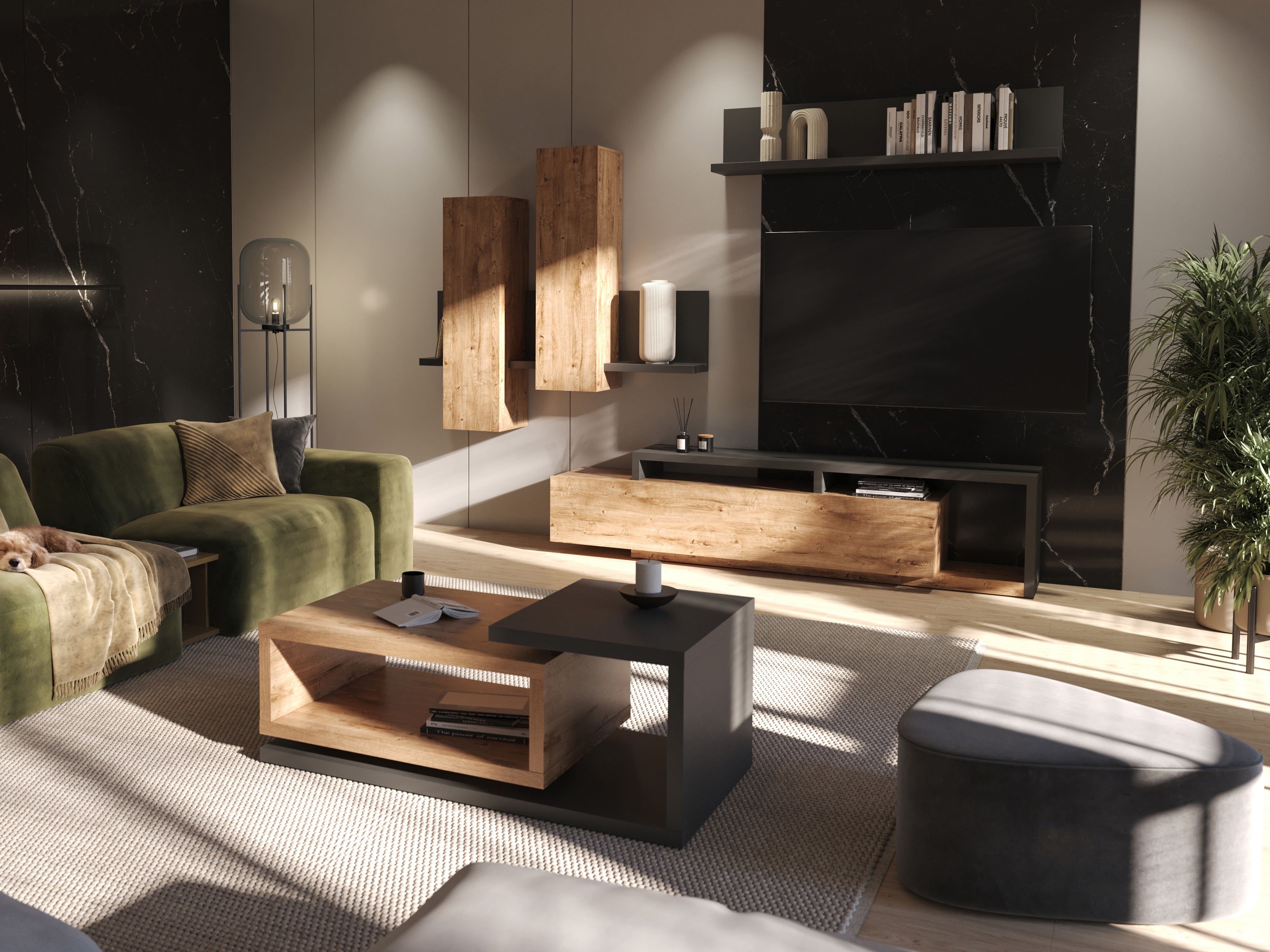 Set za dnevnu sobu Lutiva 100 (Antricit (ugalj) + Ribbec hrast)