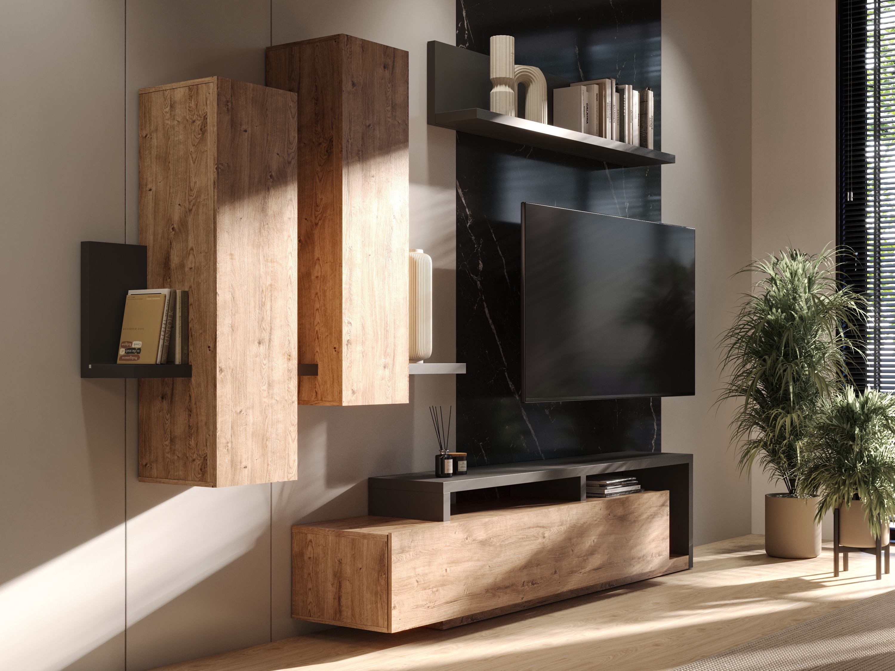 Set za dnevnu sobu Lutiva 100 (Antricit (ugalj) + Ribbec hrast)