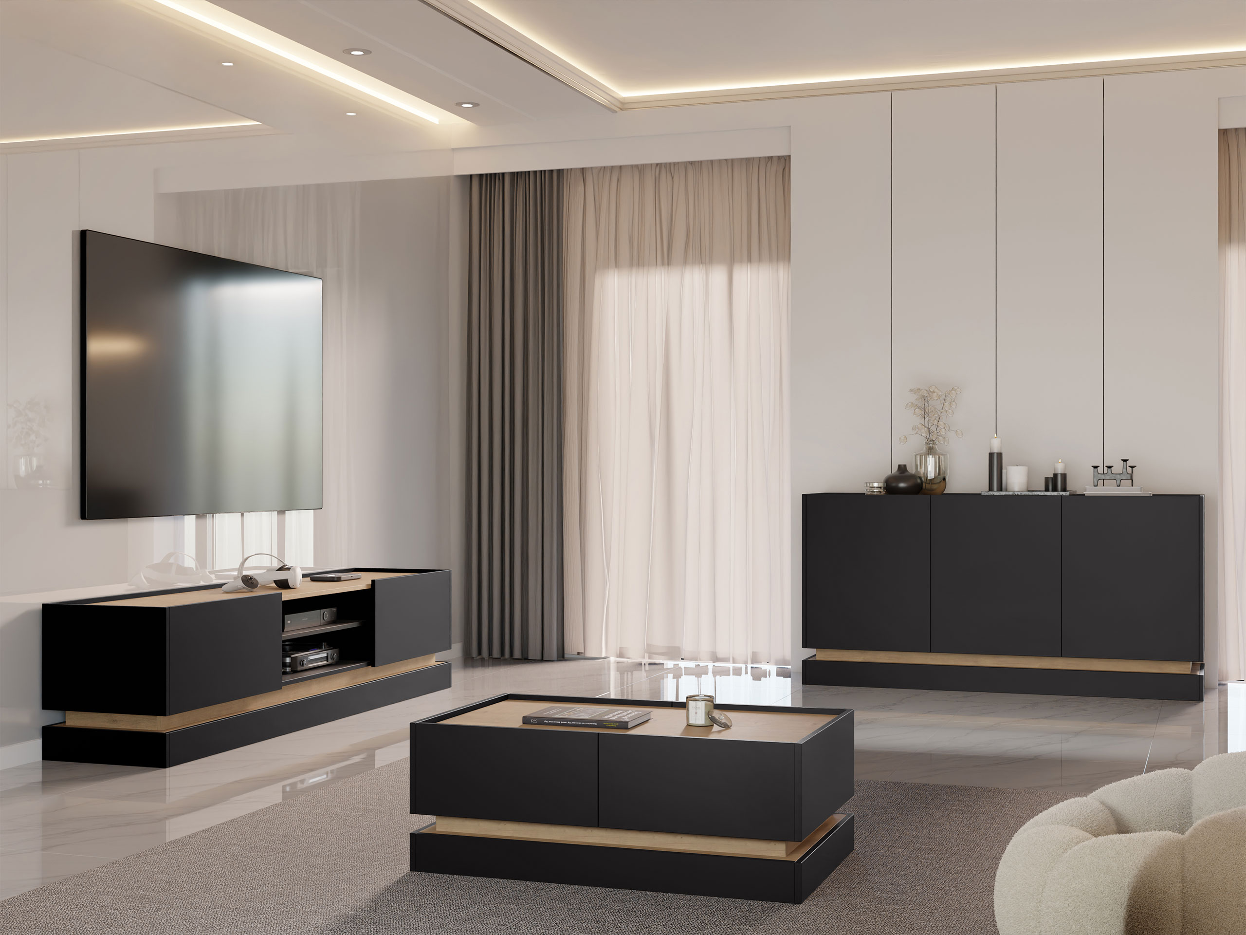 Set za dnevnu sobu Comfivo Dalvenu 104 (Crno + Hrast)