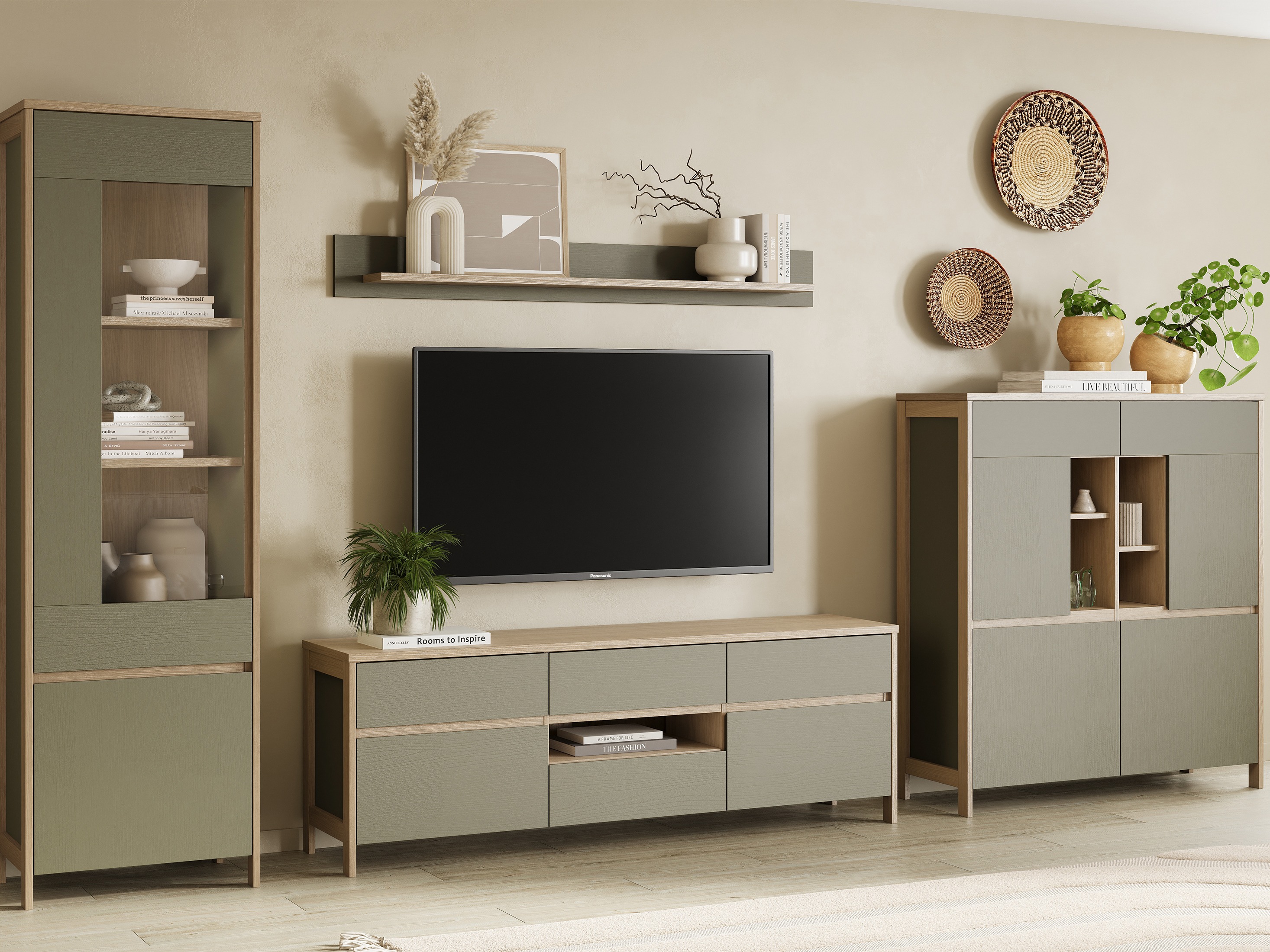 TV komoda Fermaru 102 (Prašnjavo zelena + Hrast)
