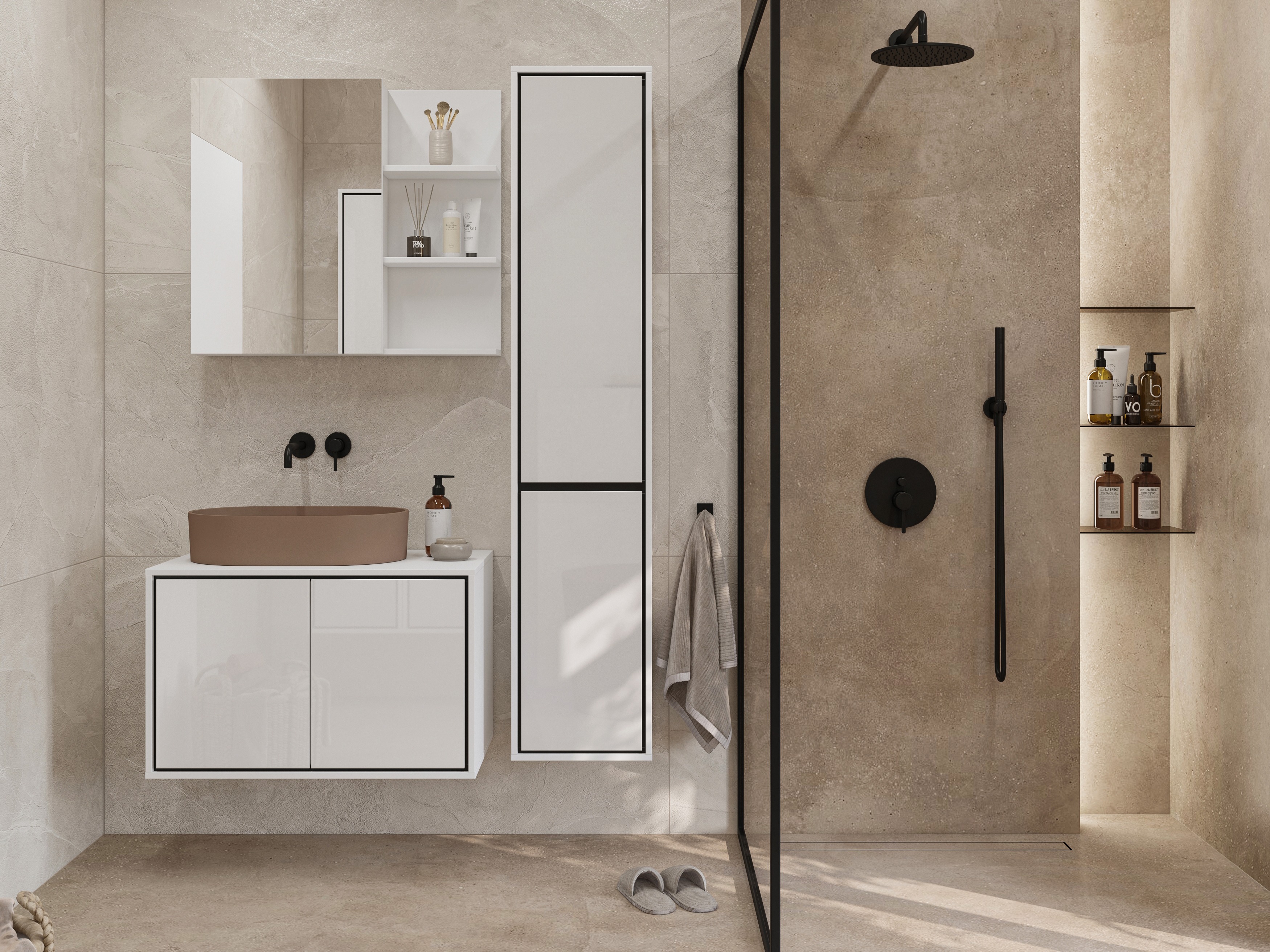 Set za kupatilo Tecavu 105 (Sjajno belo + Belo)