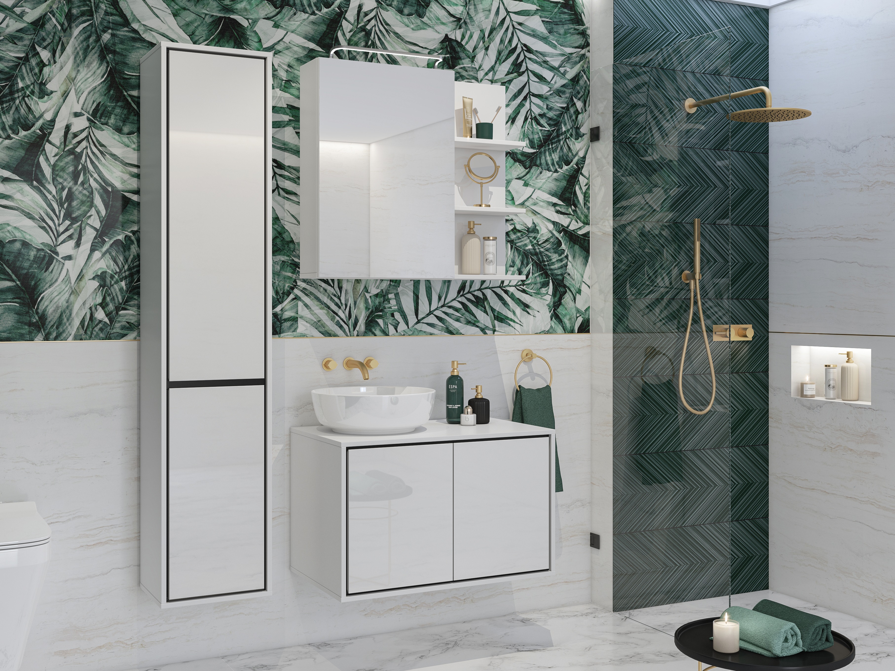 Set za kupatilo Tecavu 105 (Sjajno belo + Belo)