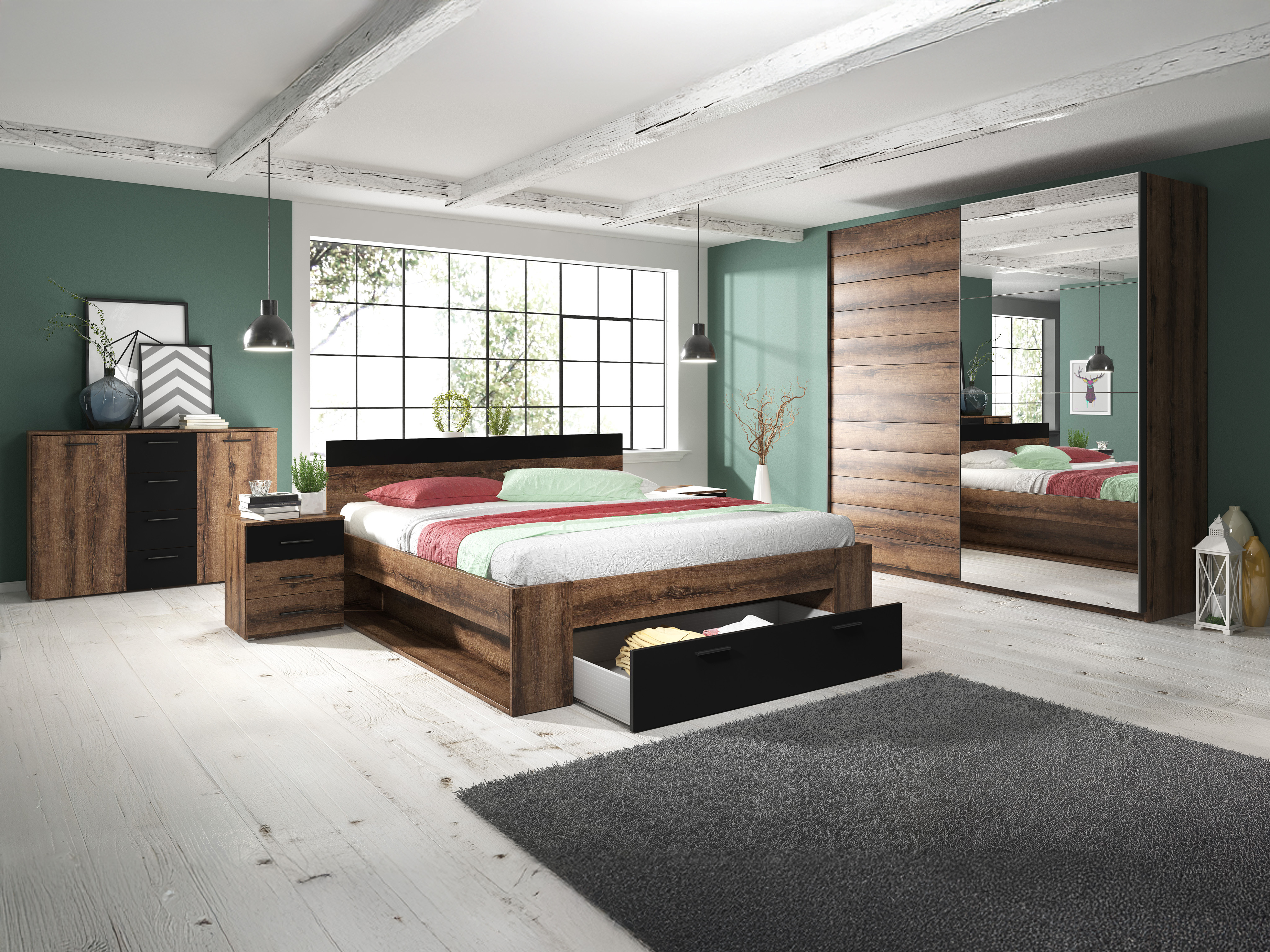 Komoda Melvele 101 (Manastirski hrast + Crno)