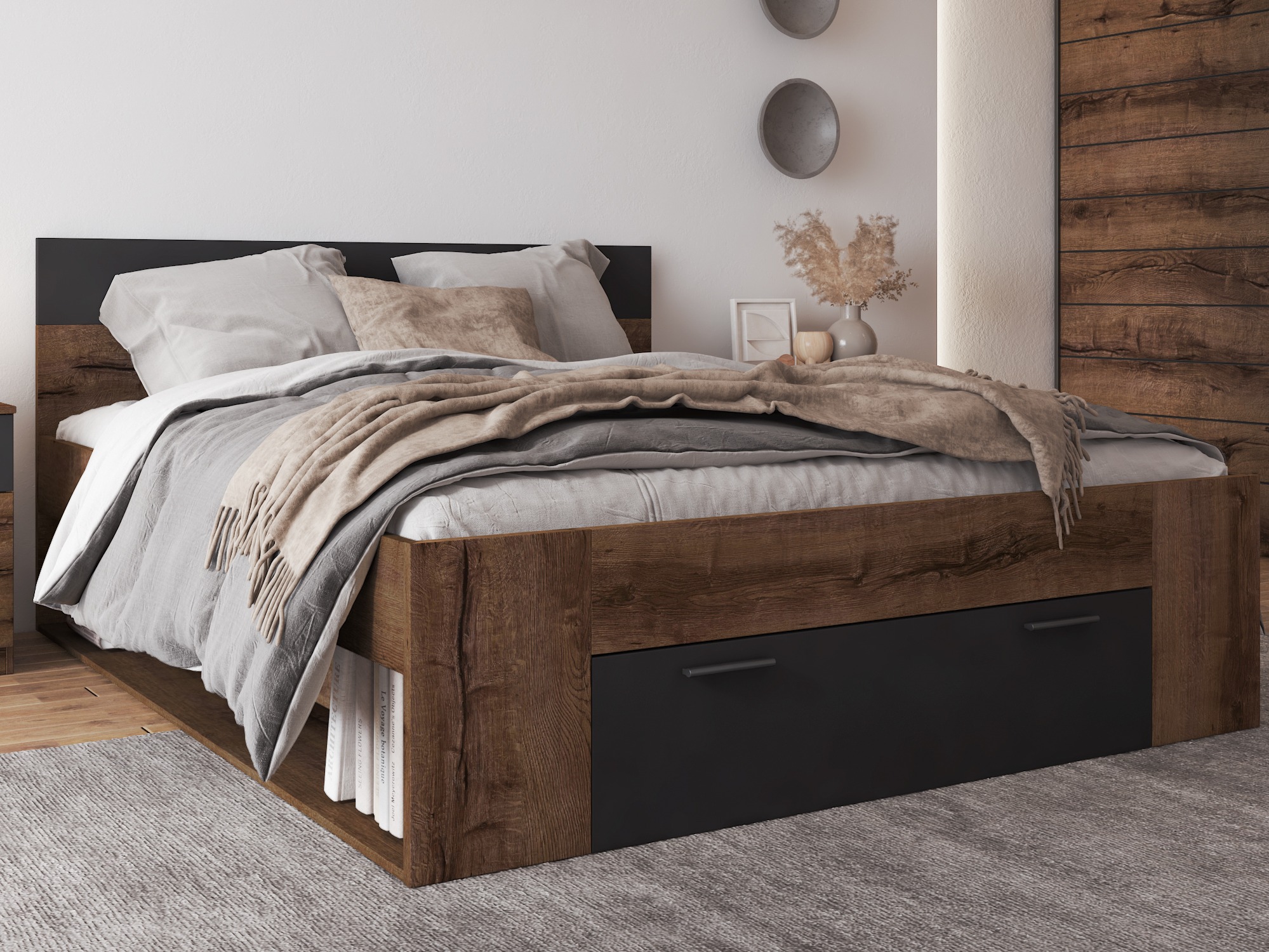 Krevet Melvele 108 (Manastirski hrast + Crno)