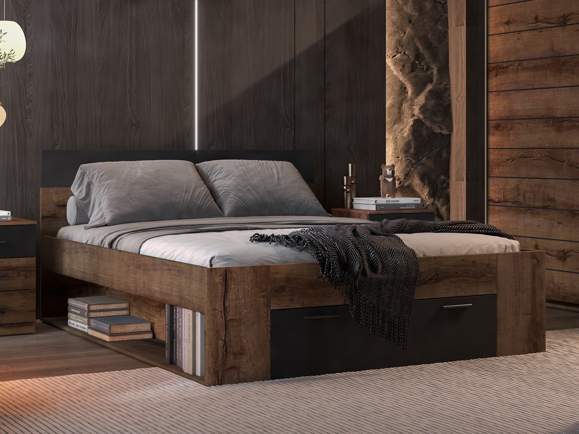 Krevet Melvele 108 (Manastirski hrast + Crno)