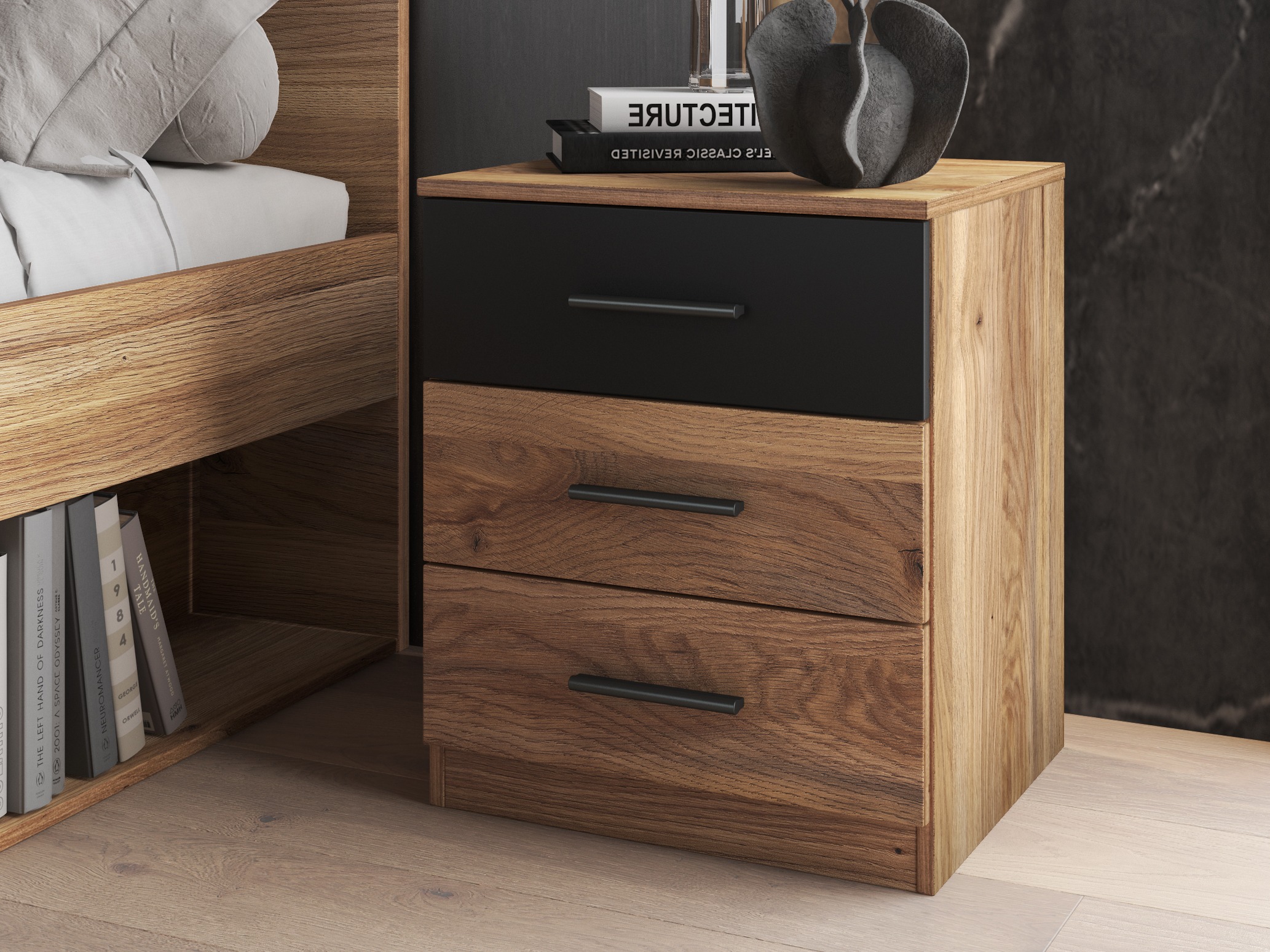 Noćni ormarić Melvele 100 (Hrast + Crno)