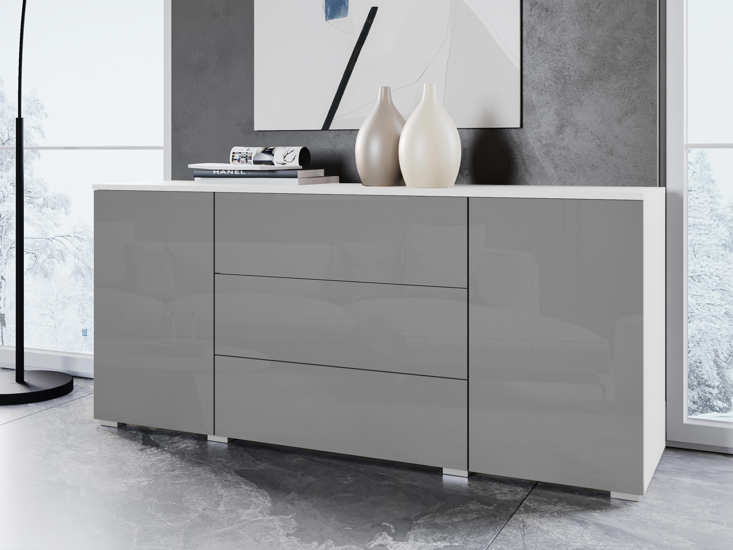 Komoda Sarasota 129 (Belo + Glossy gray)