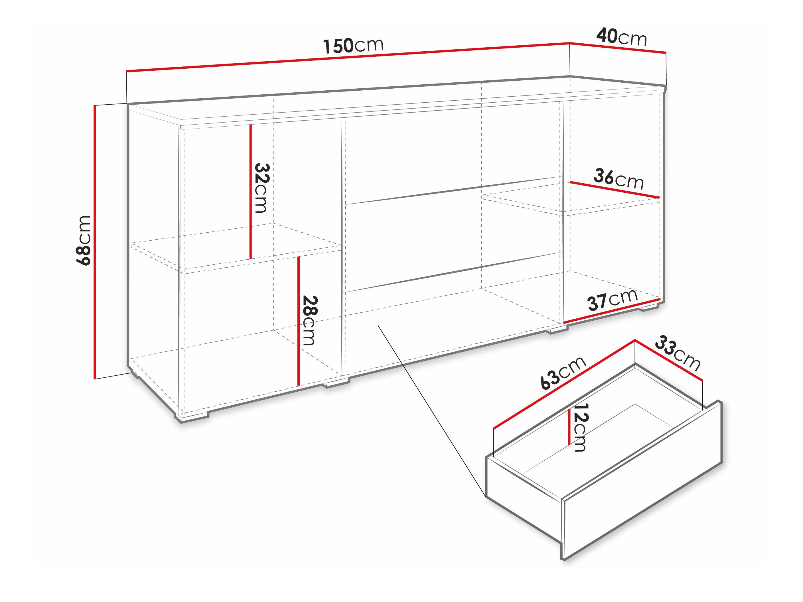 Komoda Sarasota 142 (Вотан храст + Crna visoki sjaj)