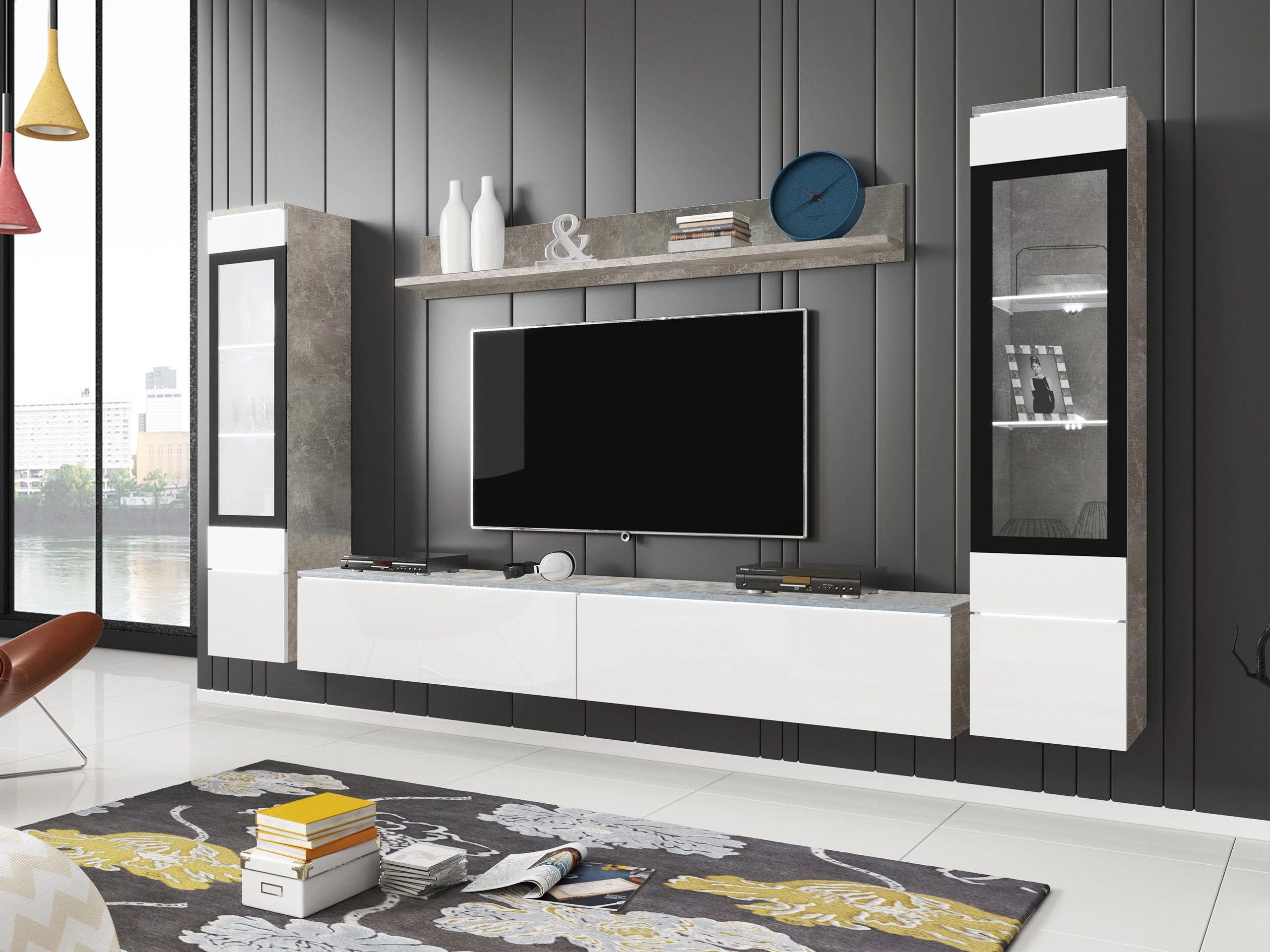 Set za dnevnu sobu Mirfivo 101 (Beton + Sjajno belo)