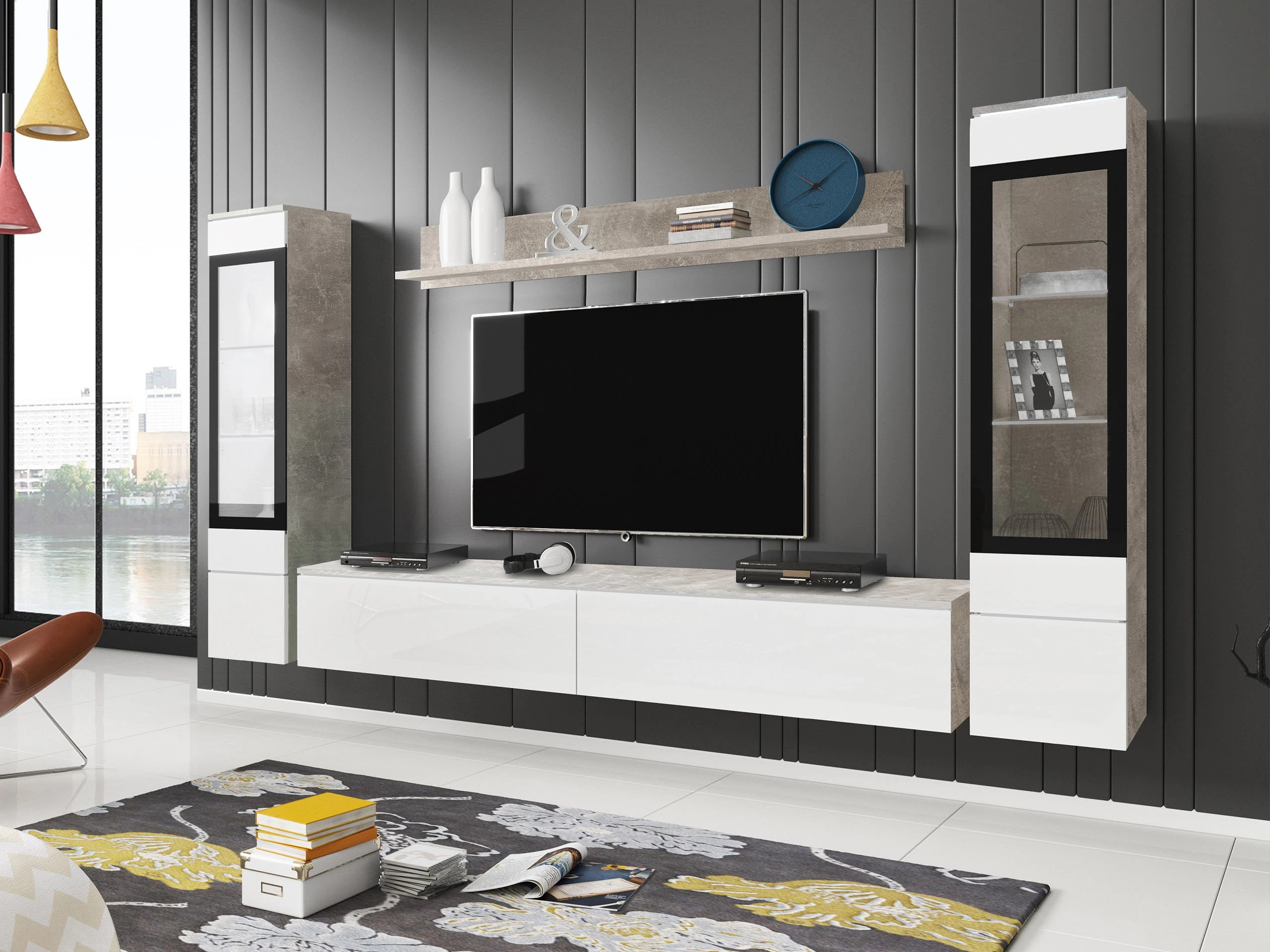 Set za dnevnu sobu Sarasota 126 (Boja betona + Sjajno belo)