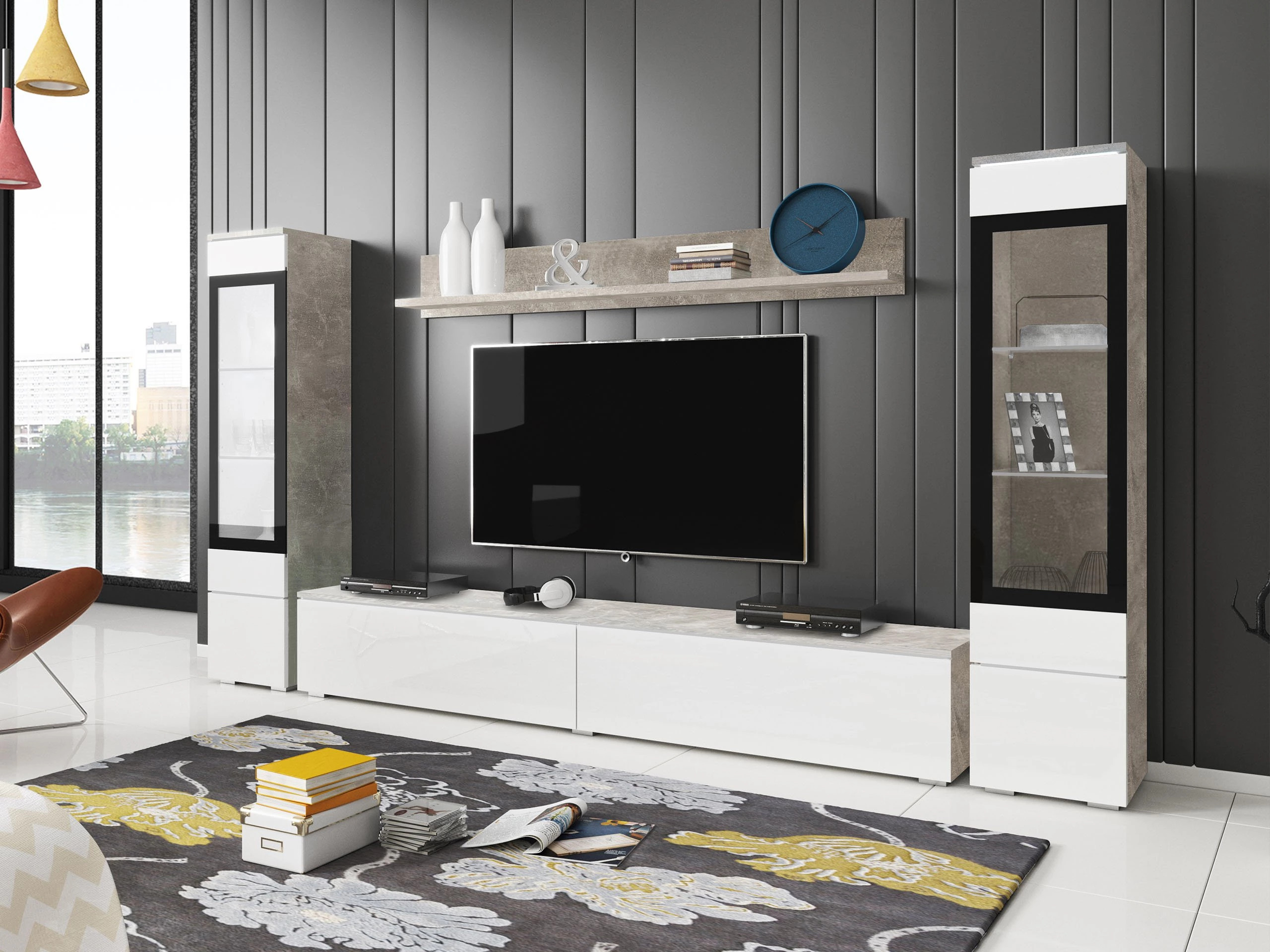 Set za dnevnu sobu Sarasota 126 (Boja betona + Sjajno belo)