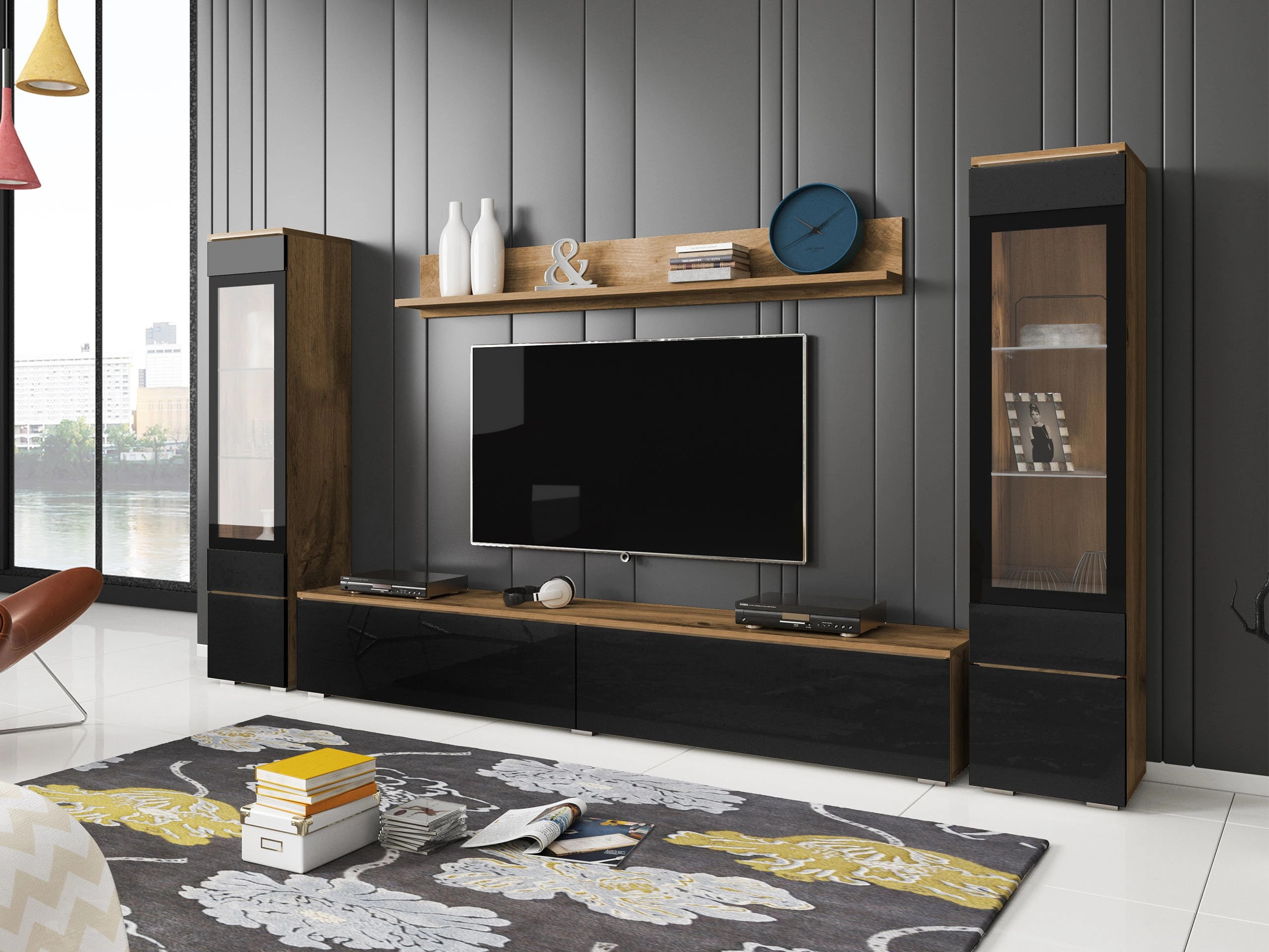 Set za dnevnu sobu Sarasota 126 (Вотан храст + Crna visoki sjaj)