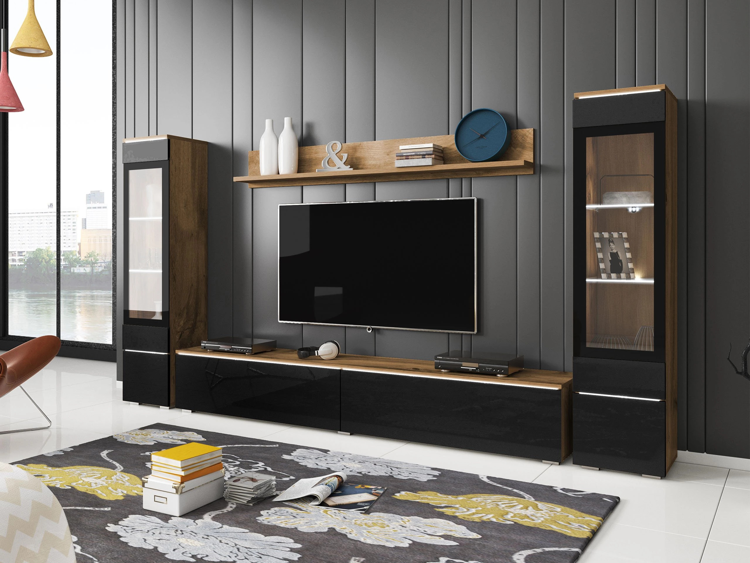 Set za dnevnu sobu Sarasota 126 (Вотан храст + Crna visoki sjaj)