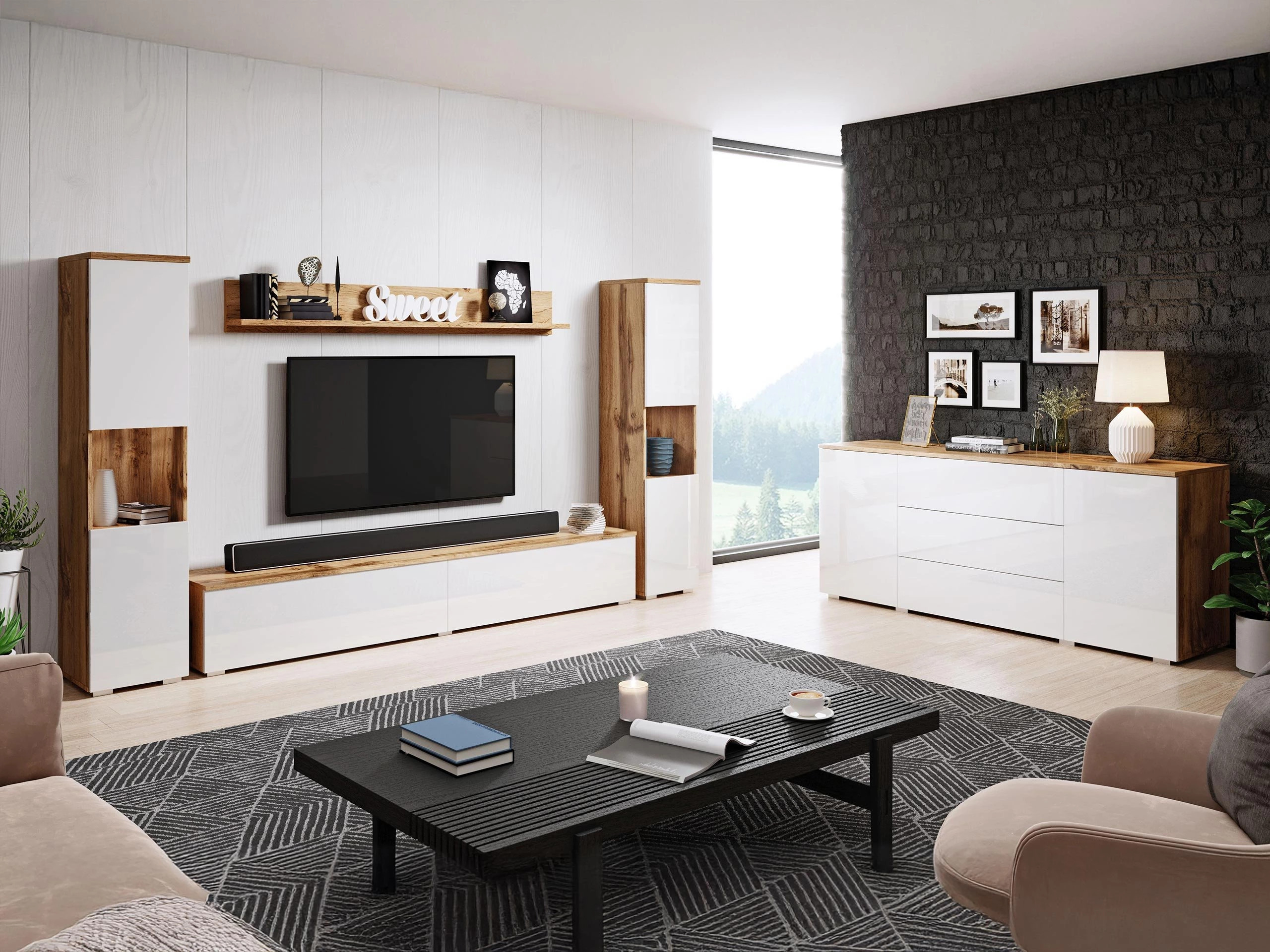 Set za dnevnu sobu Sarasota 133 (Hrast Votan + Sjajno belo)