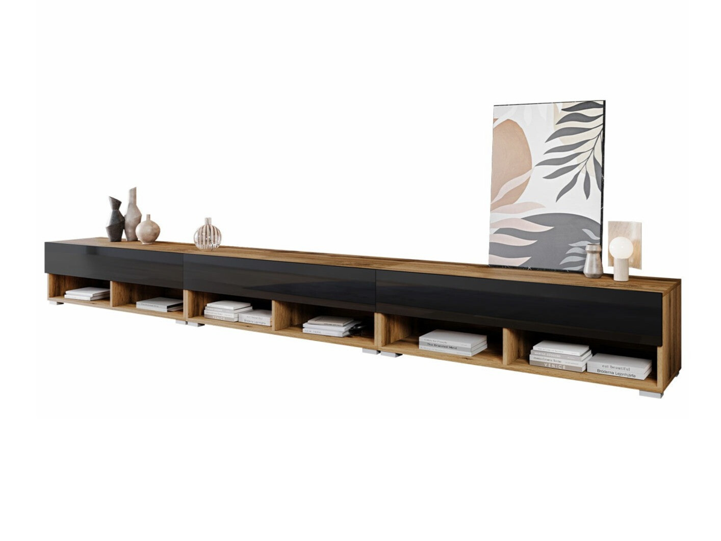 TV komoda Sarasota 144 (Hrast Votan + Sjajno crna)