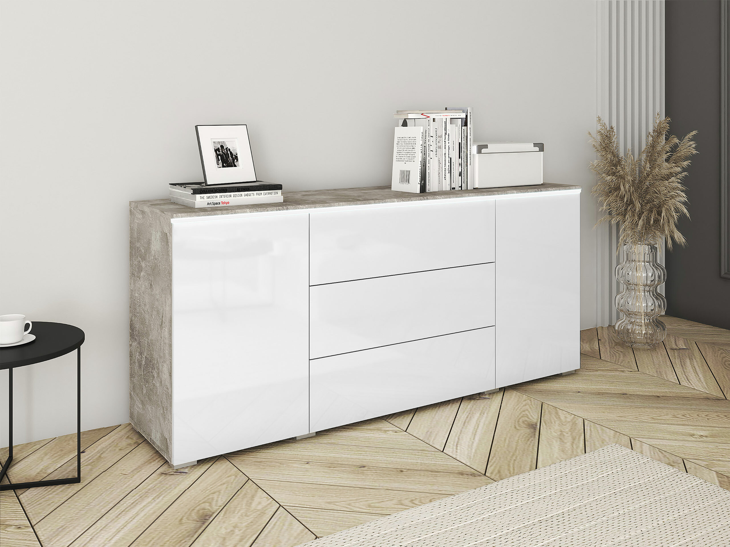 Komoda Mirfivo 102 (Beton + Sjajno belo)