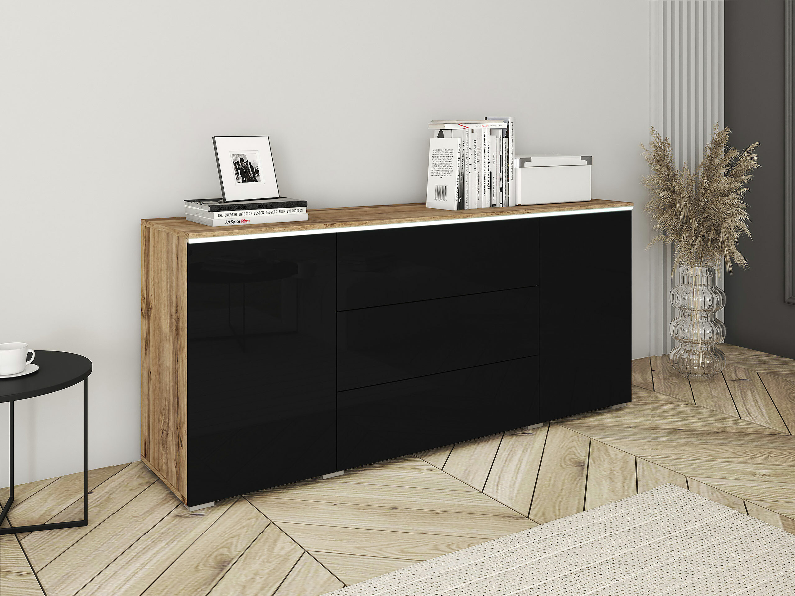 Komoda Mirfivo 102 (Hrast Votan + Sjajno crna)