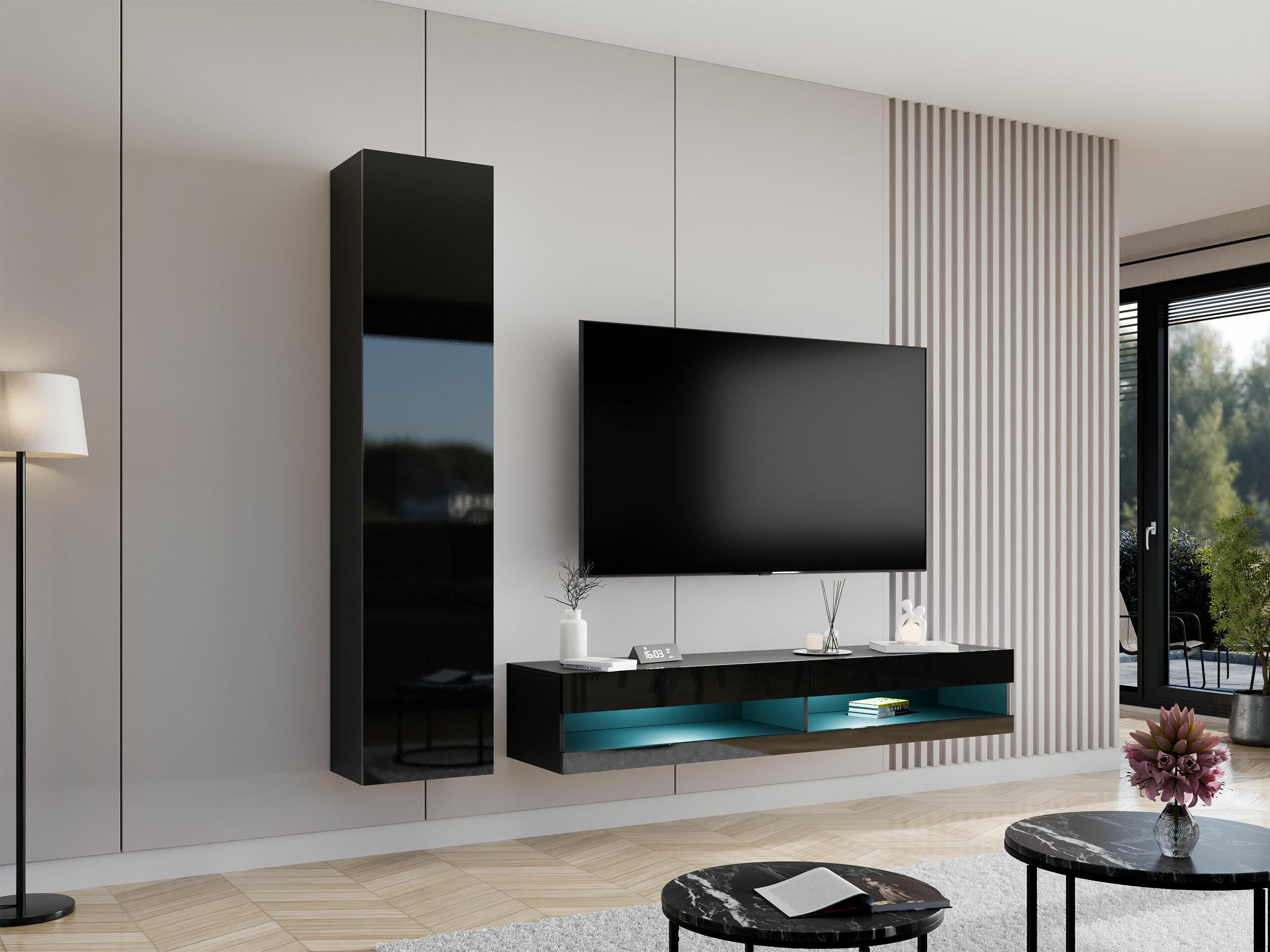 Set za dnevnu sobu Venenou 114 (Crno + Sjajno crna)