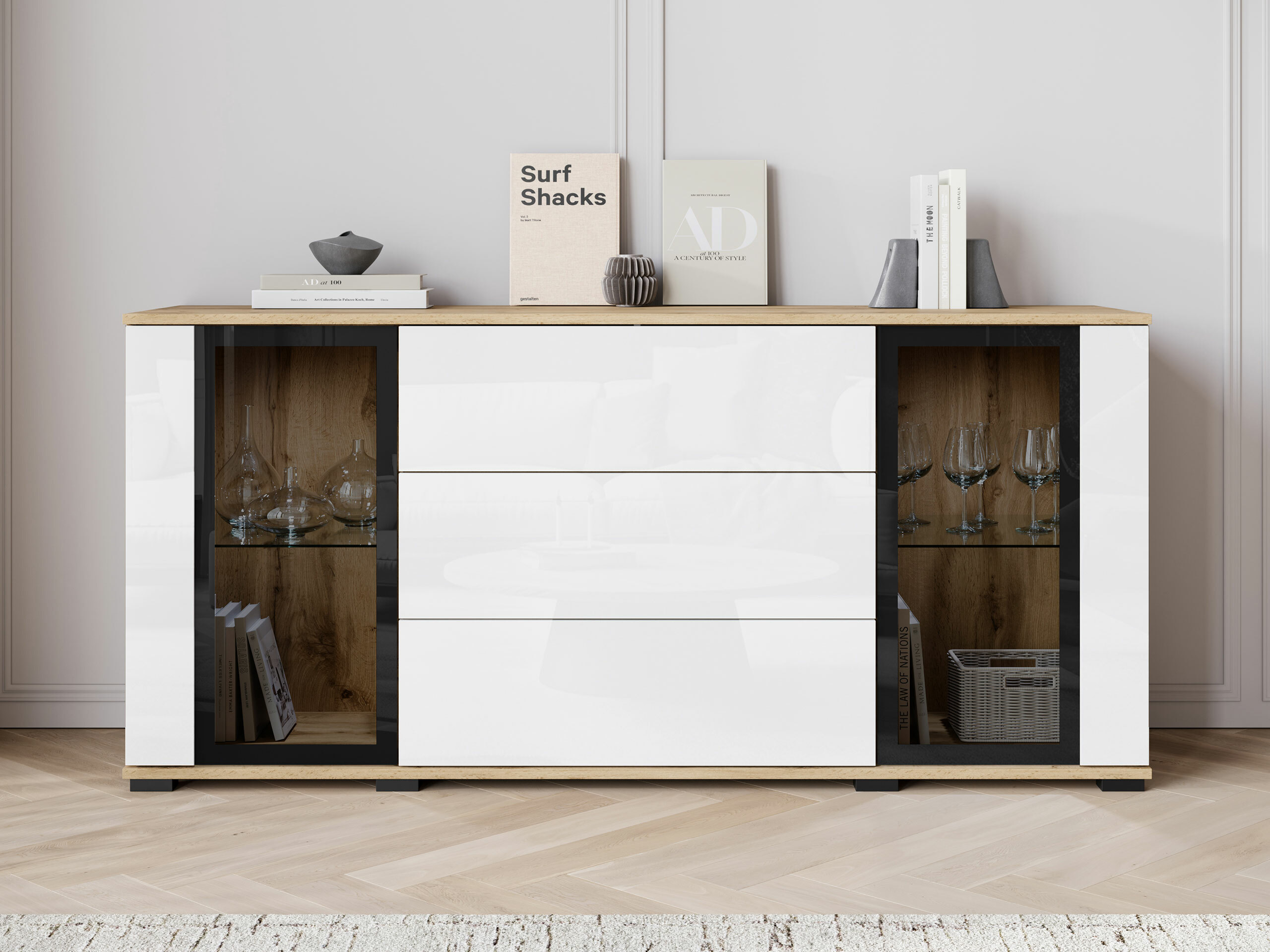 Komoda Torcame 101 (Hrast Votan + Sjajno belo)