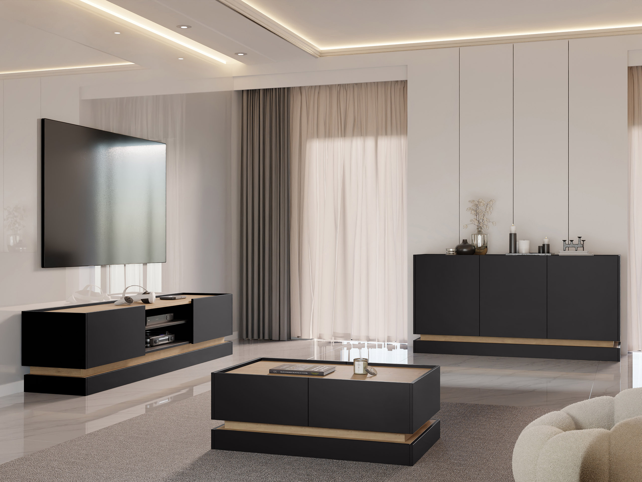 Set za dnevnu sobu Comfivo Tilia (Crno + Hrast)