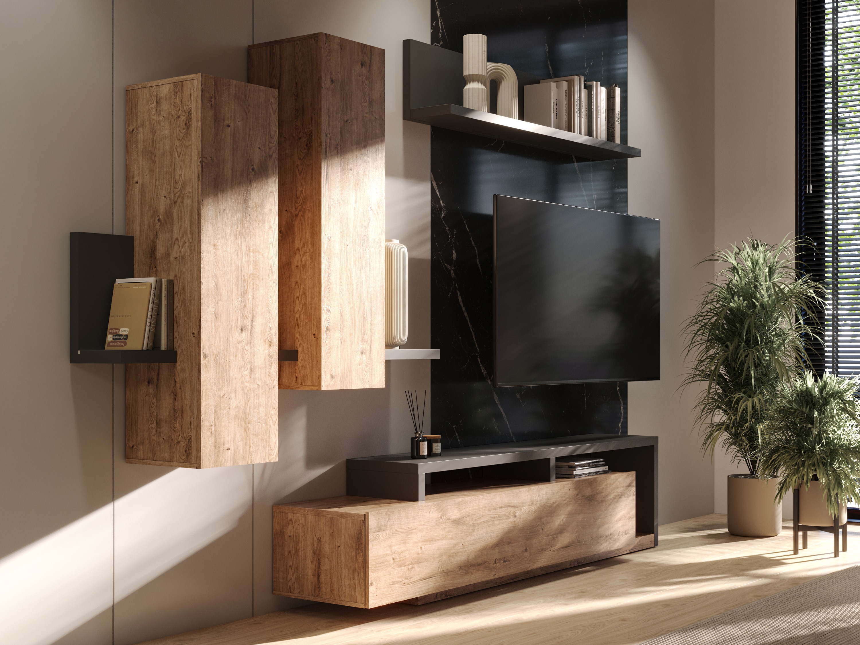 Set za dnevnu sobu Lutiva 100 (Antracit + Ribbec hrast)