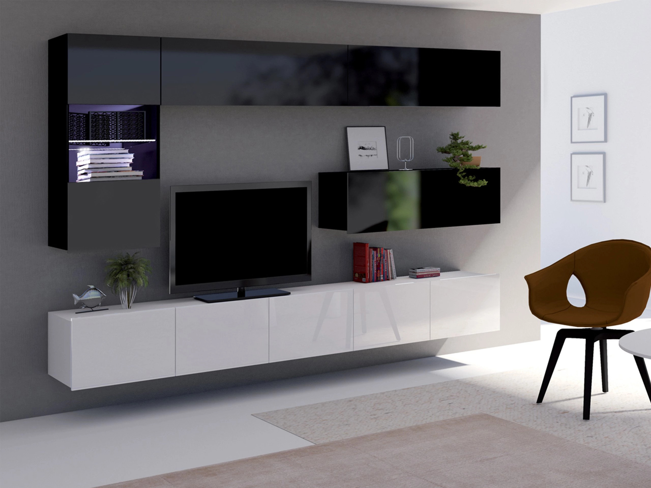 Set za dnevnu sobu Remus IV (Belo + Sjajno belo + Crno + Sjajno crna)