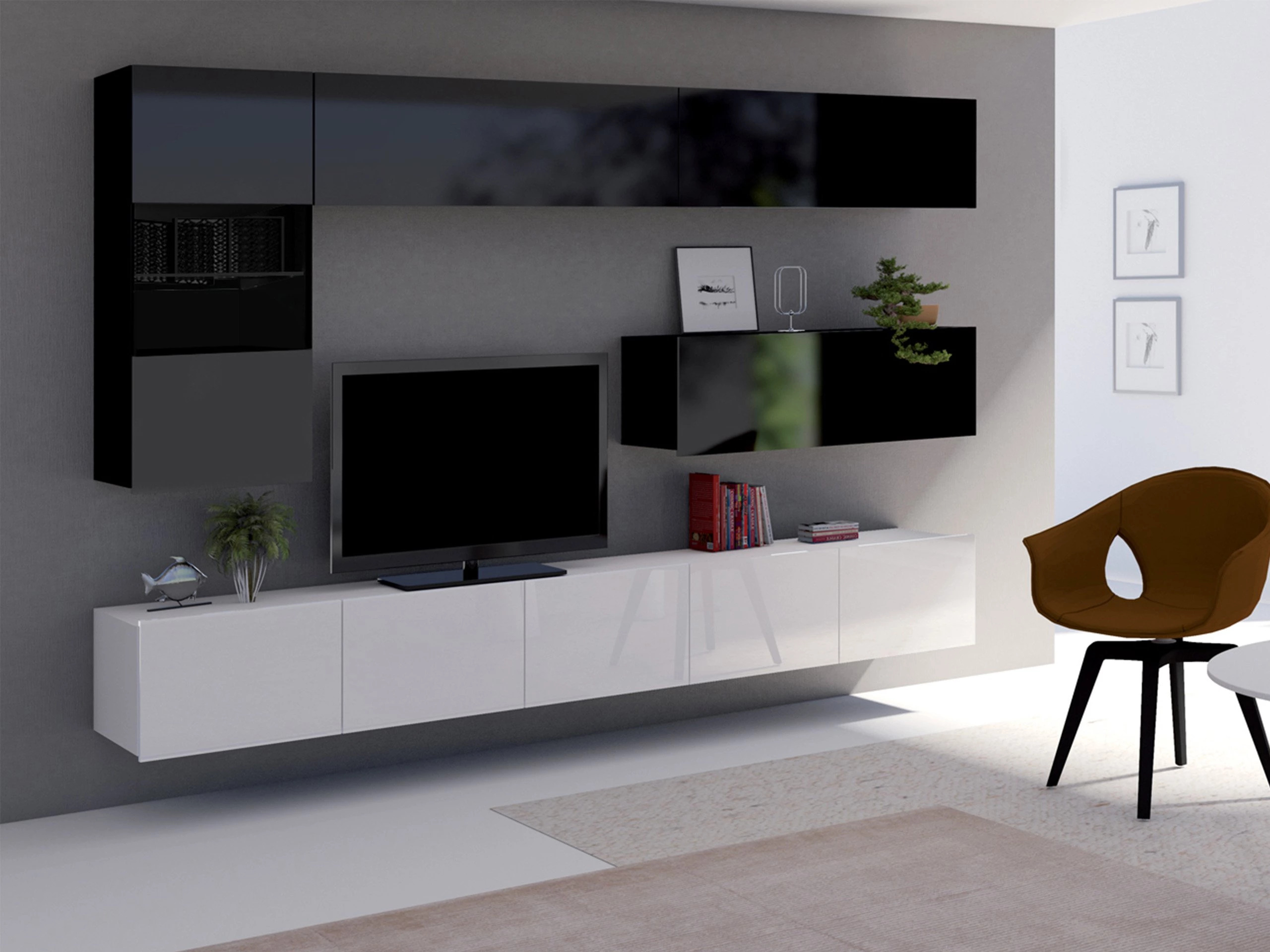 Set za dnevnu sobu Remus IV (Belo + Sjajno belo + Crno + Sjajno crna)