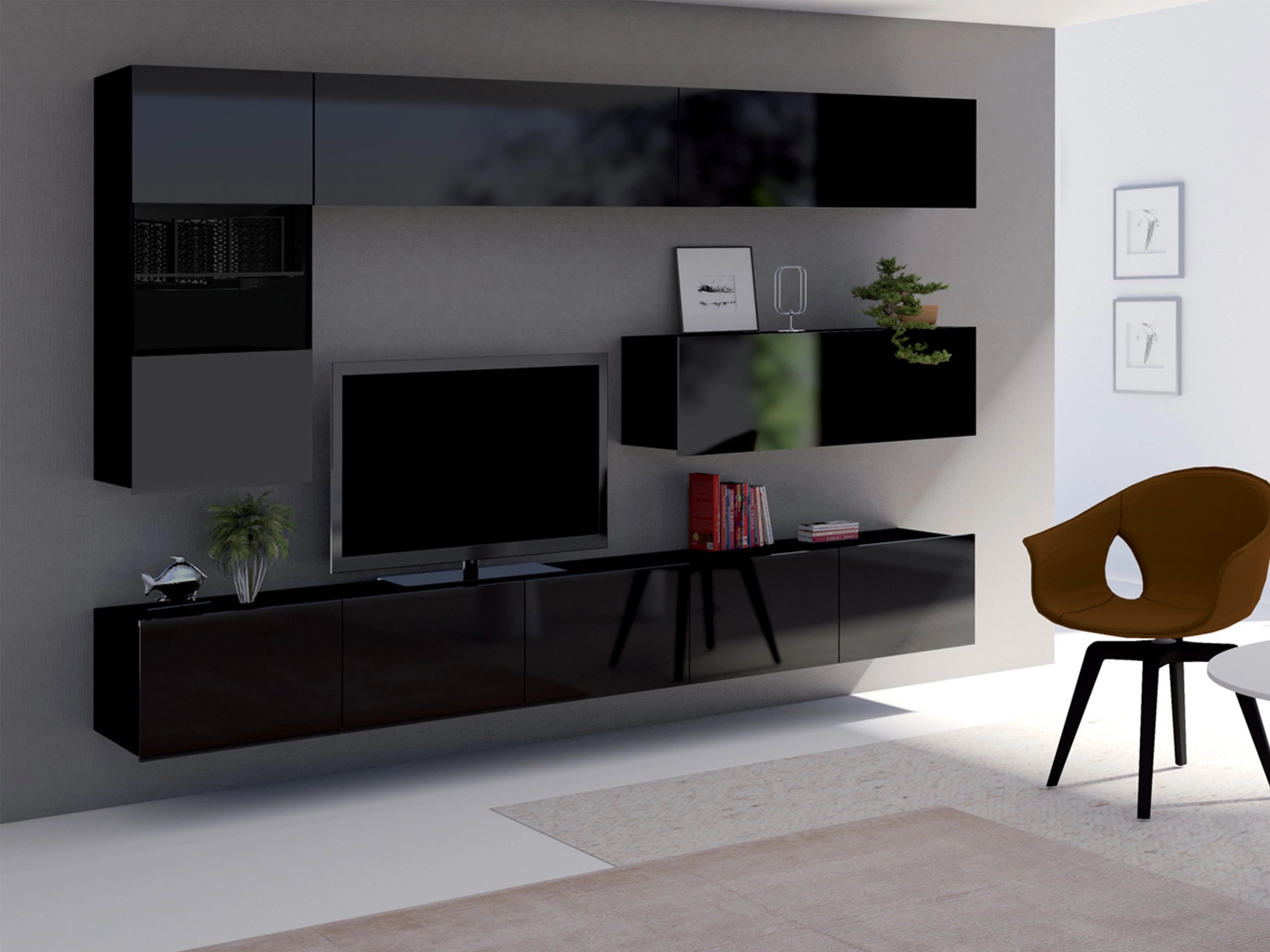 Set za dnevnu sobu Remus IV (Crno + Sjajno crna)