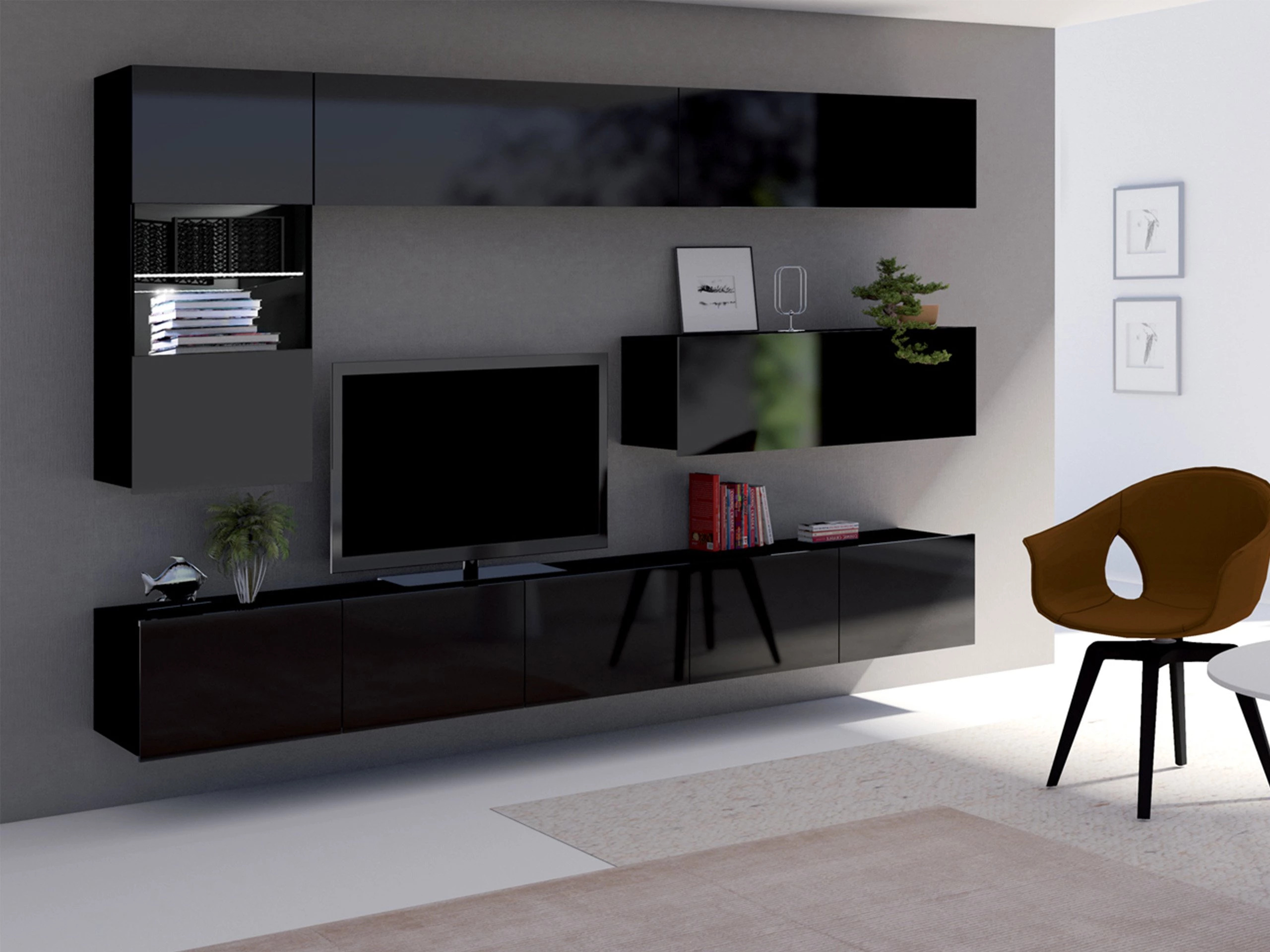 Set za dnevnu sobu Remus IV (Crno + Sjajno crna)