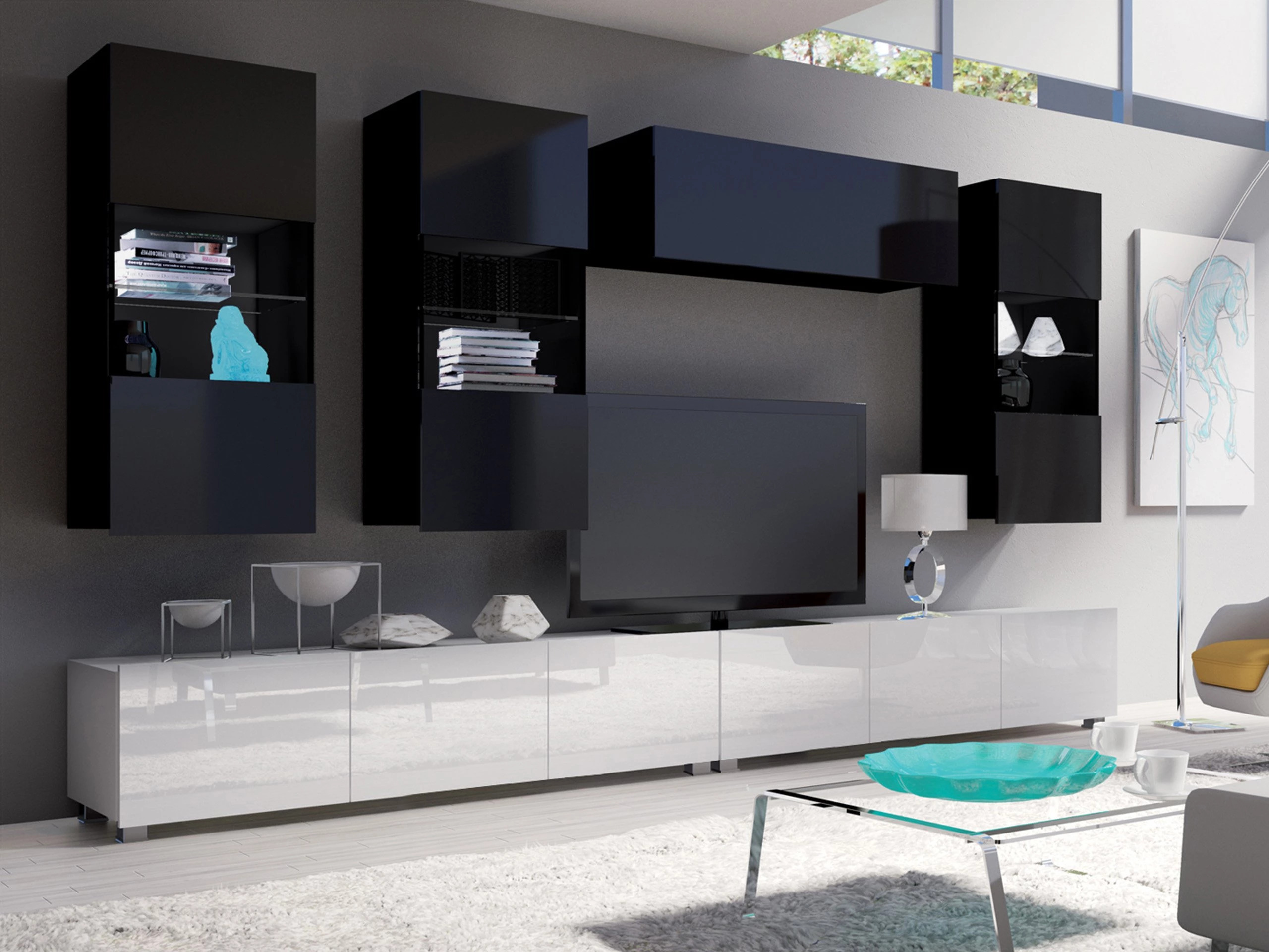 Set za dnevnu sobu Remus V (Belo + Sjajno belo + Crno + Sjajno crna)