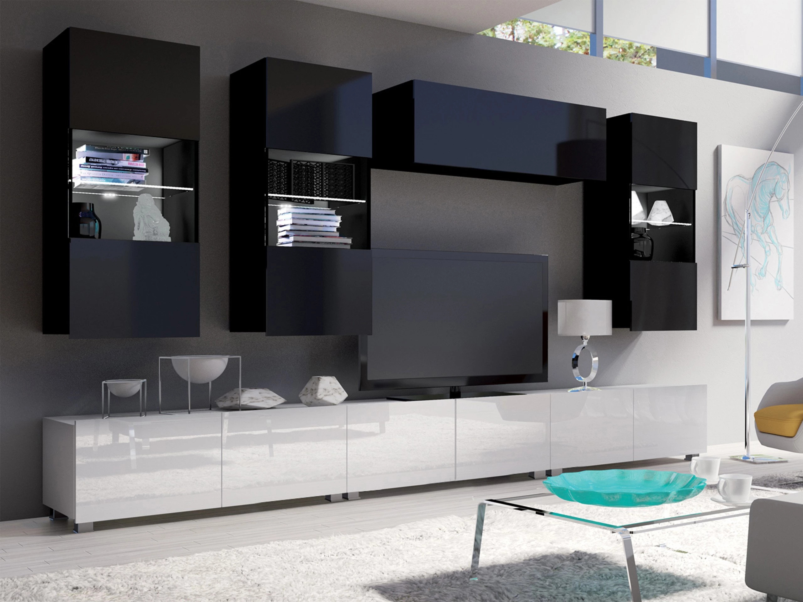 Set za dnevnu sobu Remus XI (Belo + Sjajno belo + Crno + Sjajno crna)