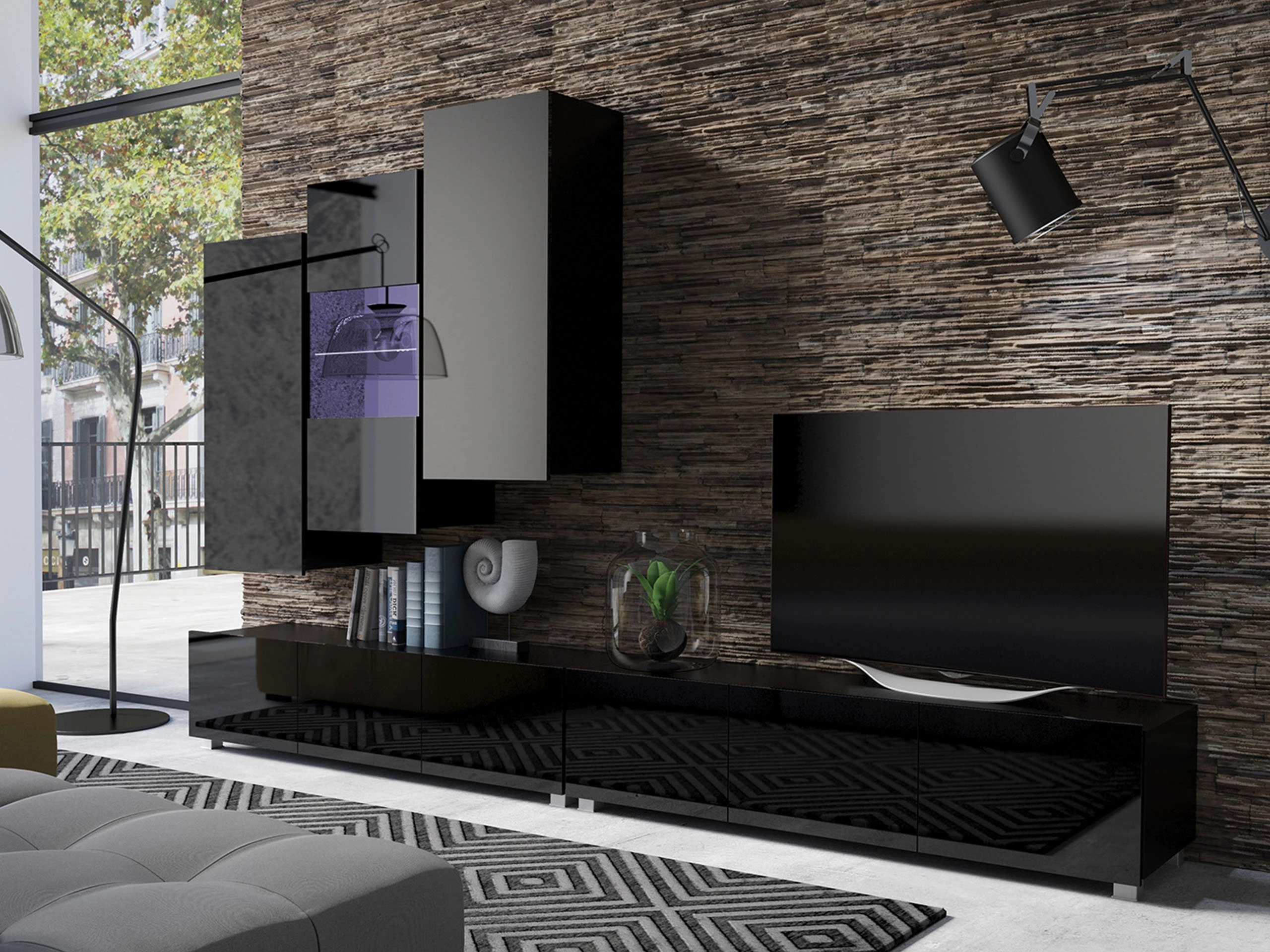 Set za dnevnu sobu Remus XVII (Crno + Sjajno crna)