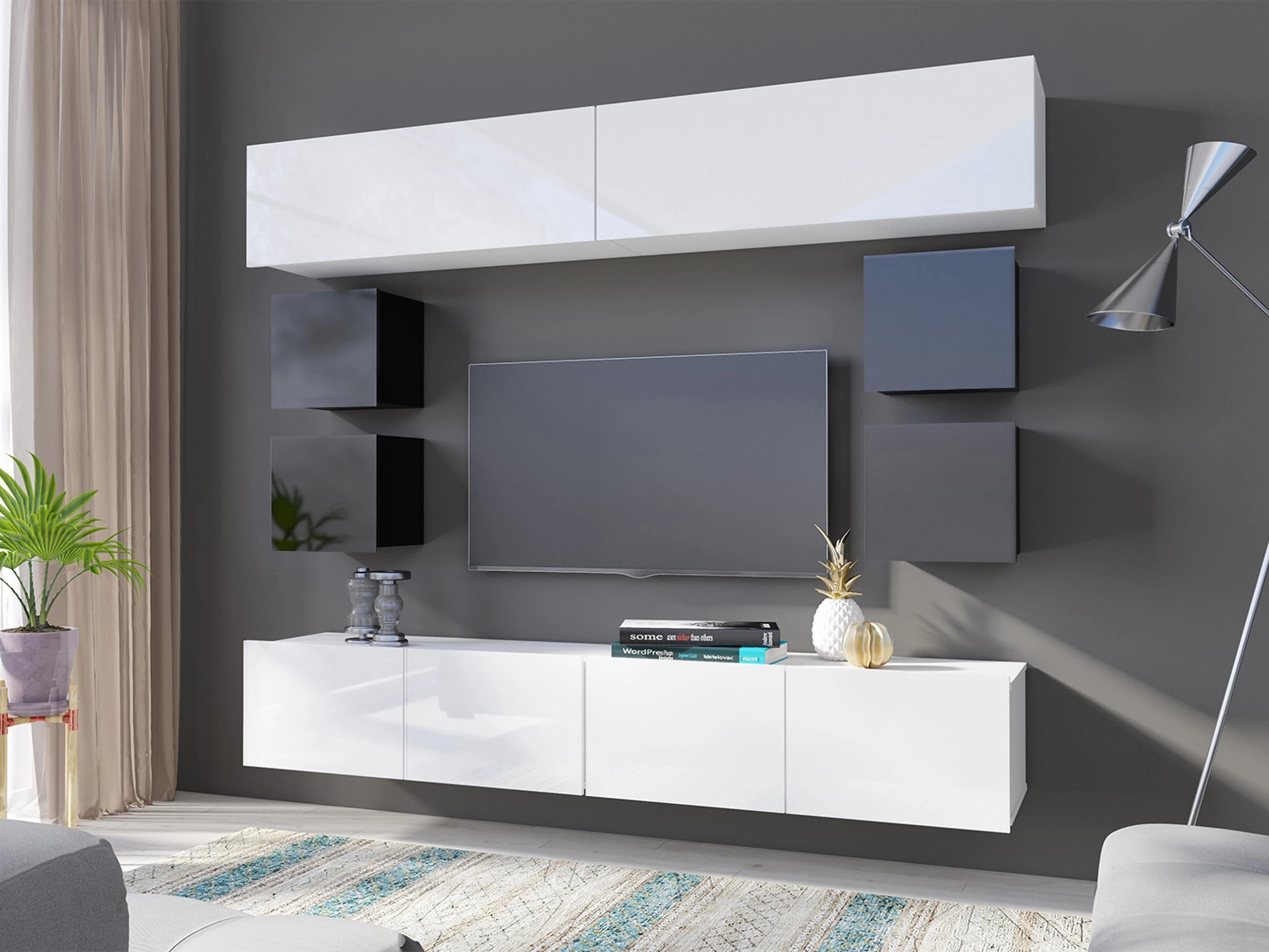 Set za dnevnu sobu Remus XVI (Crno + Sjajno crna + Belo + Sjajno belo)