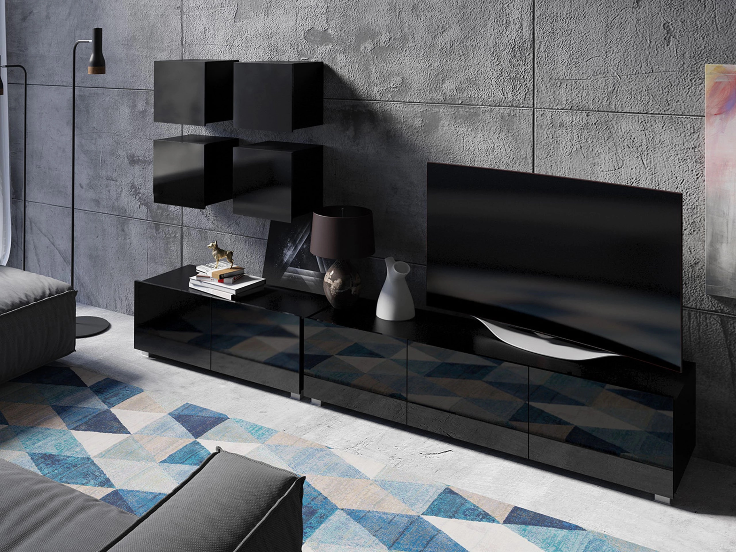 Set za dnevnu sobu Remus XVIII (Crno + Sjajno crna)