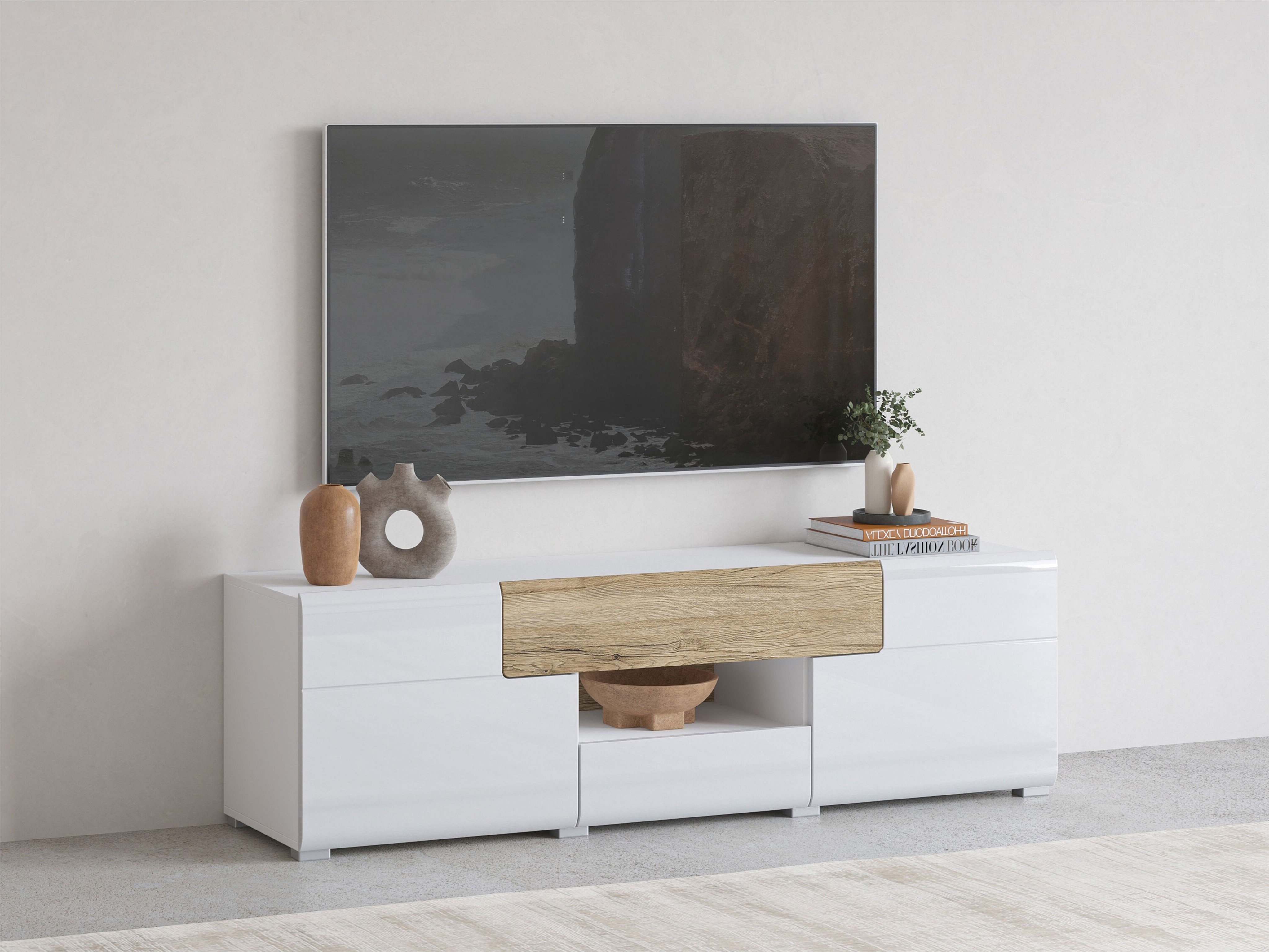 TV komoda Torsone 101 (Belo + Sjajno belo + Hrast San Remo)